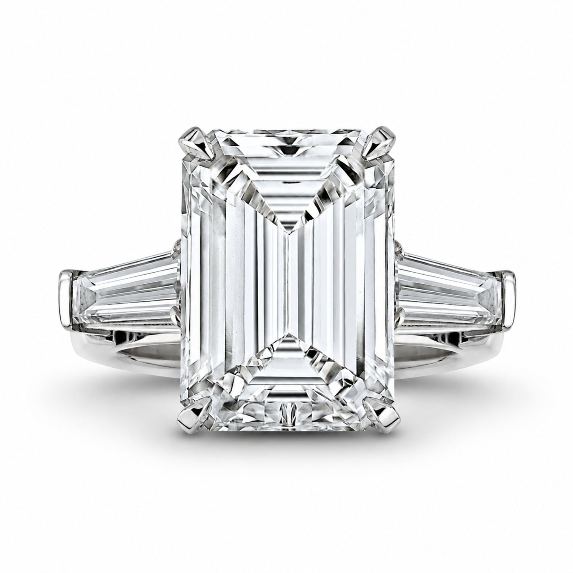 Bibury 5.70 Carat Emerald Cut Diamond Ring with Tapered Baguettes in Platinum
