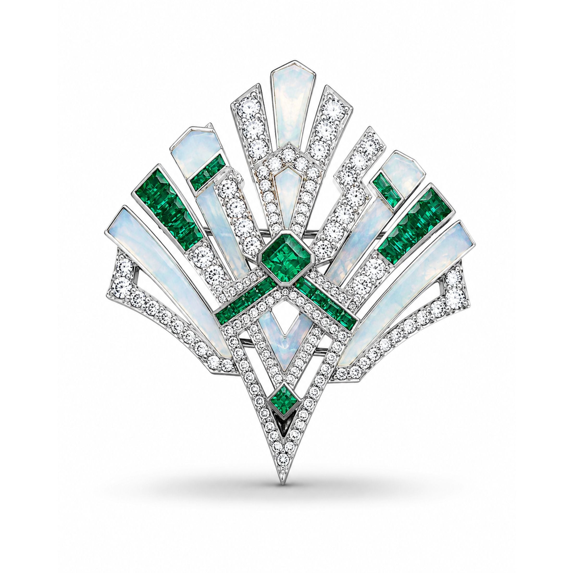 Bleecker 8.15 Carat Emerald, White Opal & Diamond Brooch in 18K White Gold