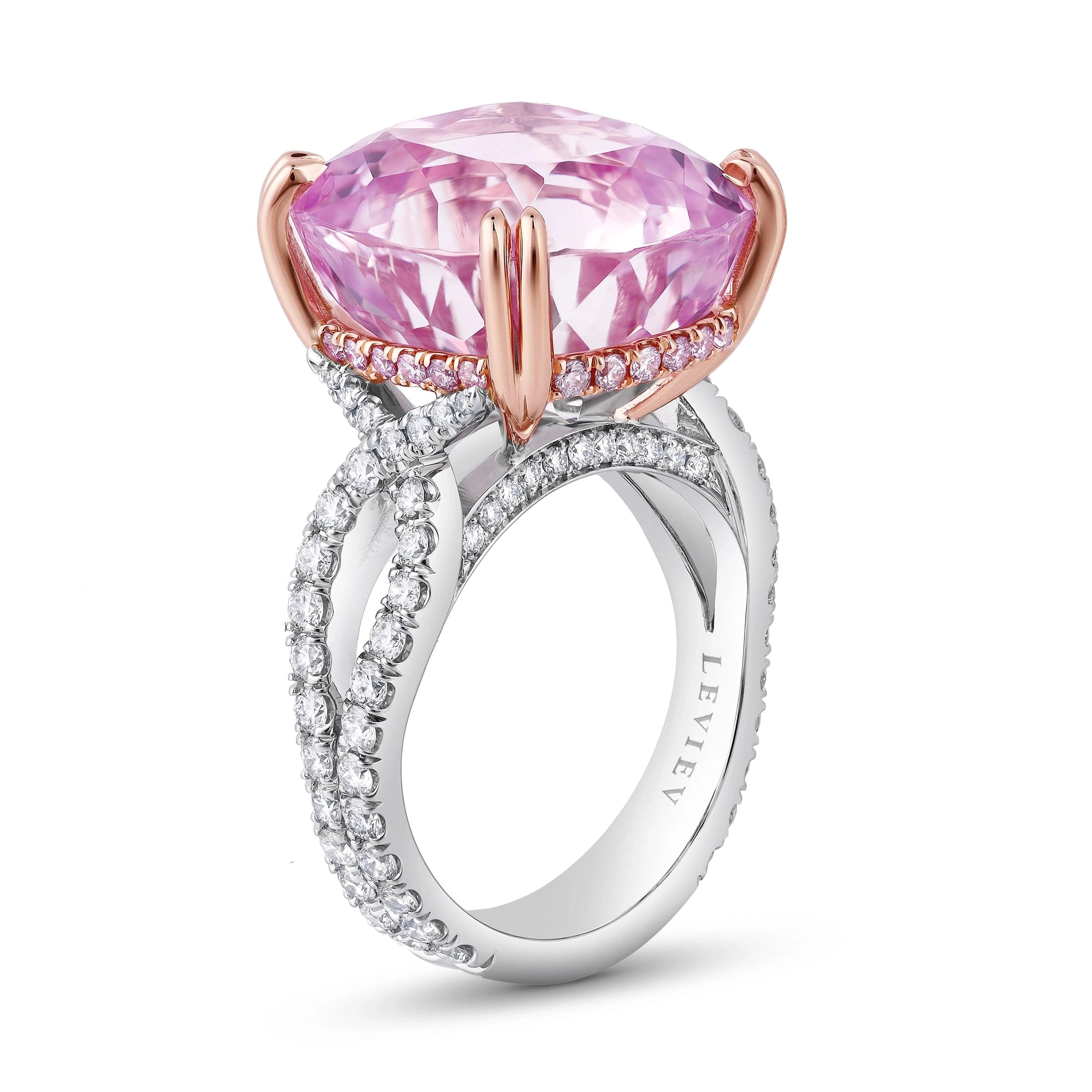 Blush Jardin 18.64 Carat Kunzite Cushion-Cut & Diamond Solitaire Ring in Platinum with Rose Gold Accents Leviev Rings Color Diamond, Cushion, Diamond, Diamond Ring, High Jewelry, Kunzite, Kunzite Cushion Cut, Kunzite Cushion Cut Ring, Kunzite Luxury Ring, Kunzite Statement Ring, Leviev, Leviev Ring, Leviev Signature, Luxury Kunzite Ring, Luxury Ring, Pink, Pink Kunzite, Platinum, Rings, Rose Gold, Rose Gold Accent, Solitaire, Solitaire Ring, Statement Ring, Women's Jewelry, Women's Ring Leviev 