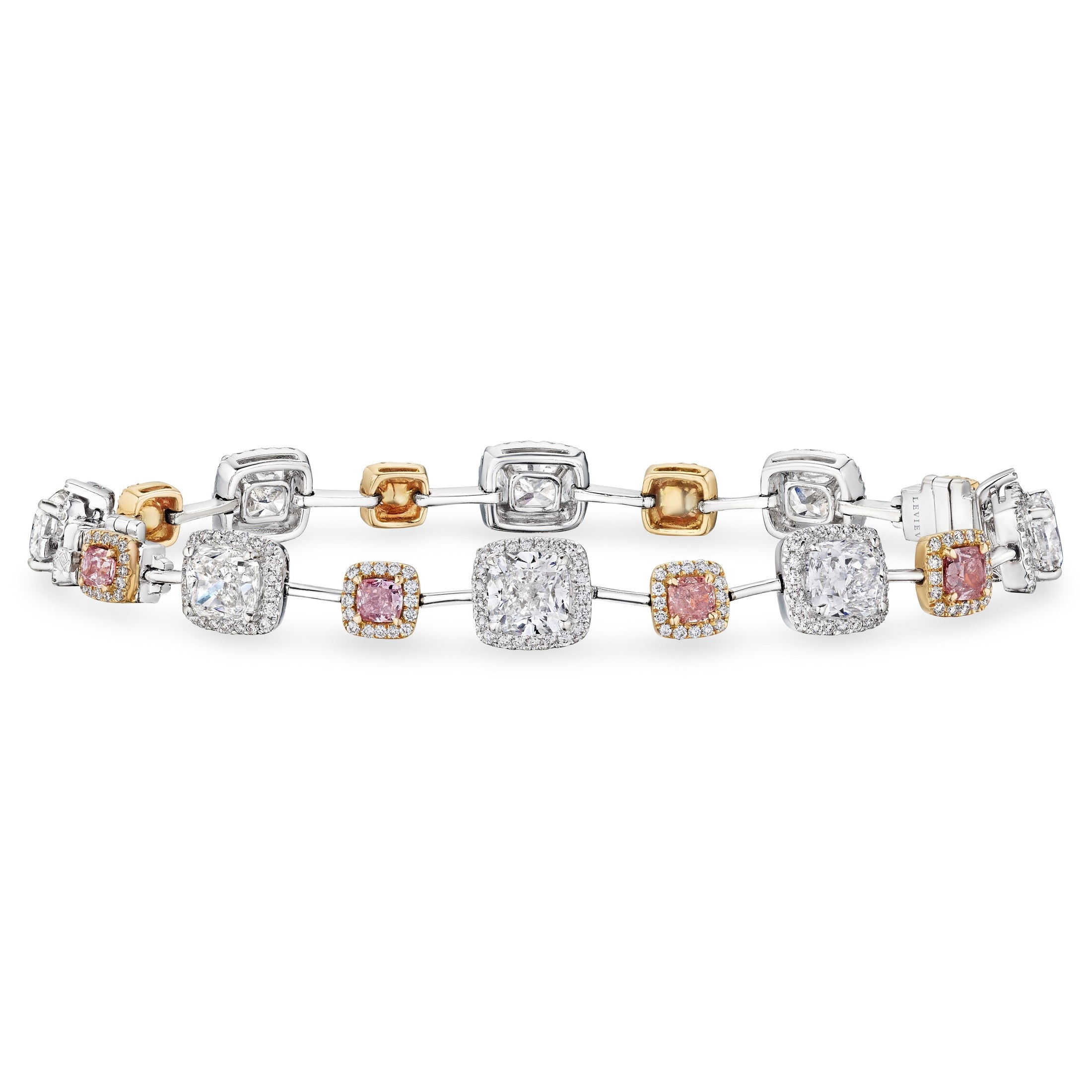 Full view of alternating pink and white diamond stations on 18K gold Leviev bracelet