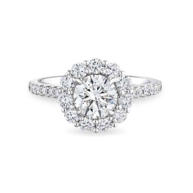 Top View Leviev 1.08ct Round Cut Diamond Engagement Ring Double Tiered Floral Halo 18K White Gold