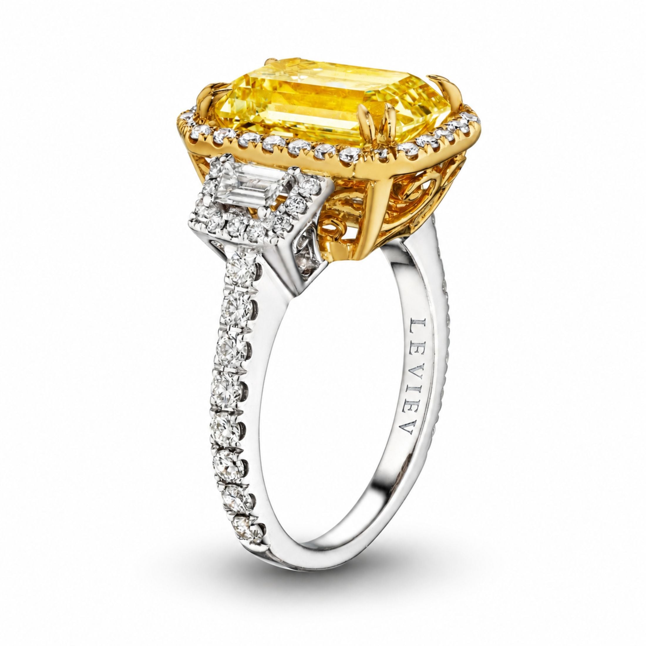 Leviev Briarcliffe emerald cut yellow diamond ring side view with white gold band and engraved inner shank