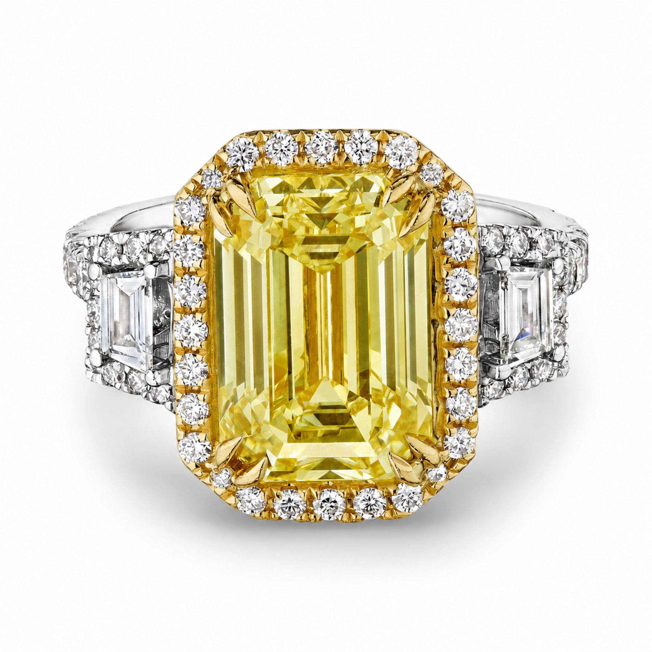 Front view Leviev 5.48 carat fancy light yellow emerald cut diamond ring with halo and baguette accents