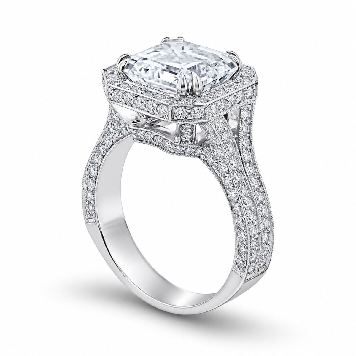 Side profile of Leviev platinum ring double row pavé split shank