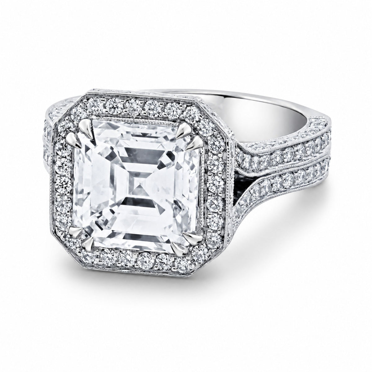 Leviev platinum emerald cut diamond ring with octagonal halo and split shank