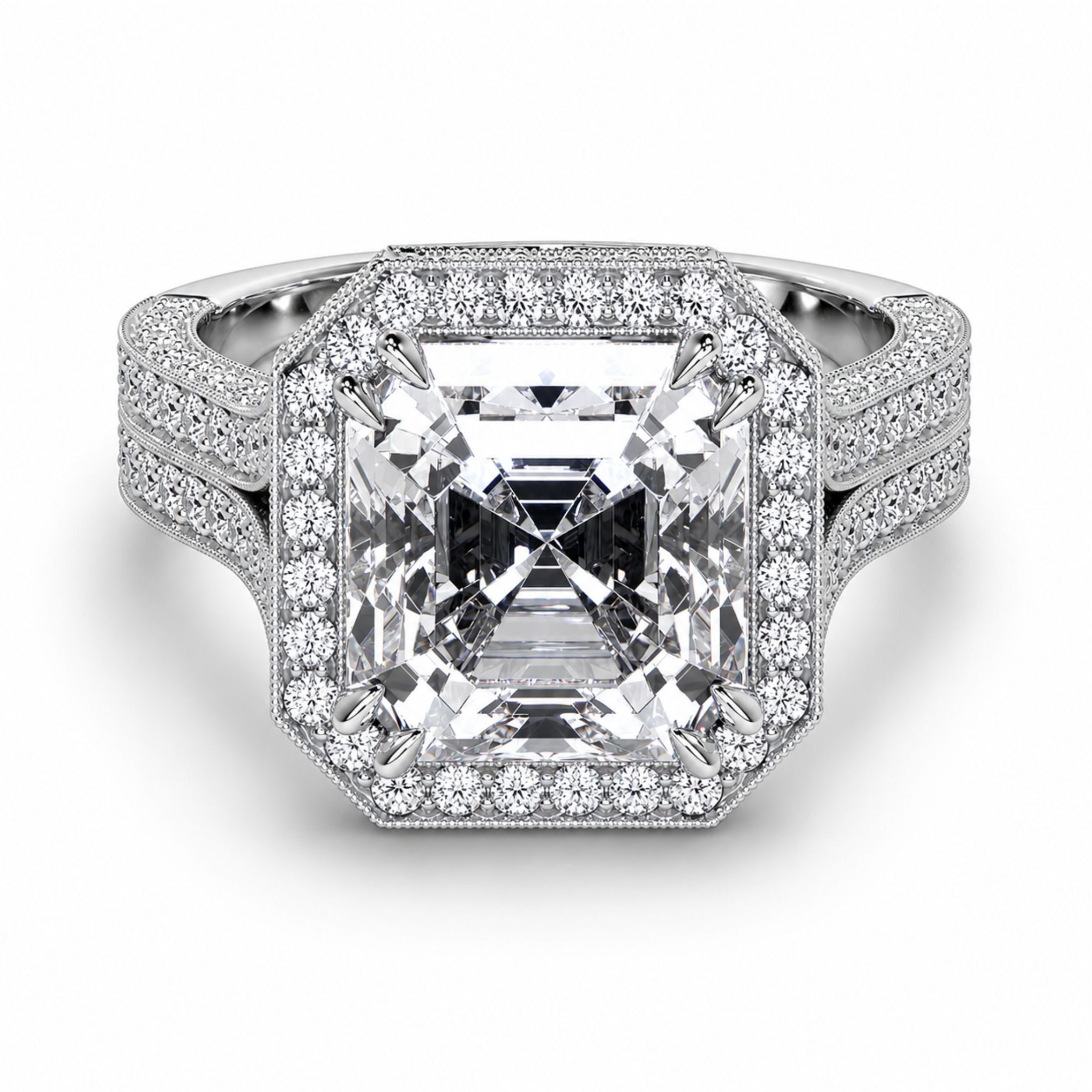 Top down view square emerald cut diamond ring milgrain detail
