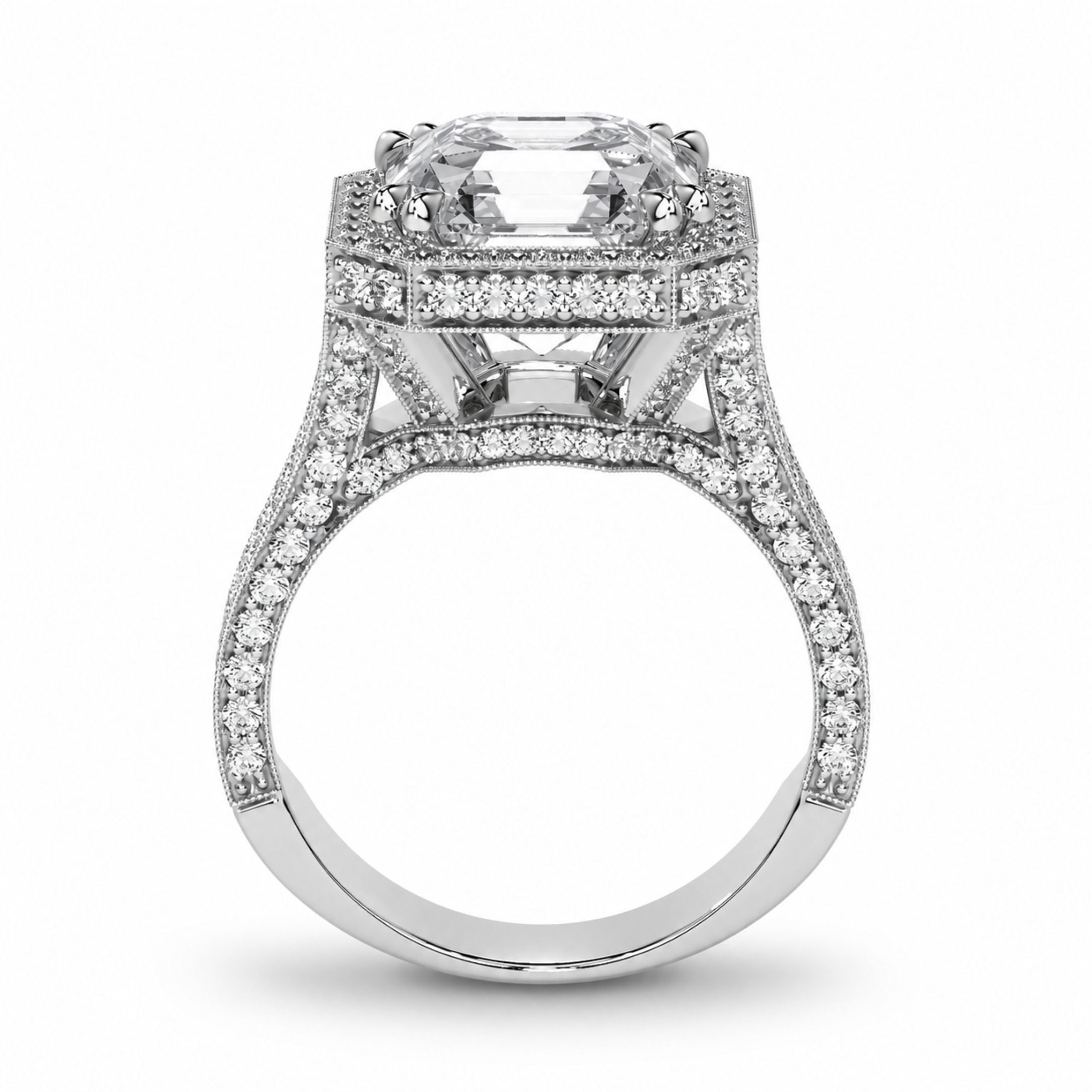 Platinum ring rear view open back setting square emerald cut diamond