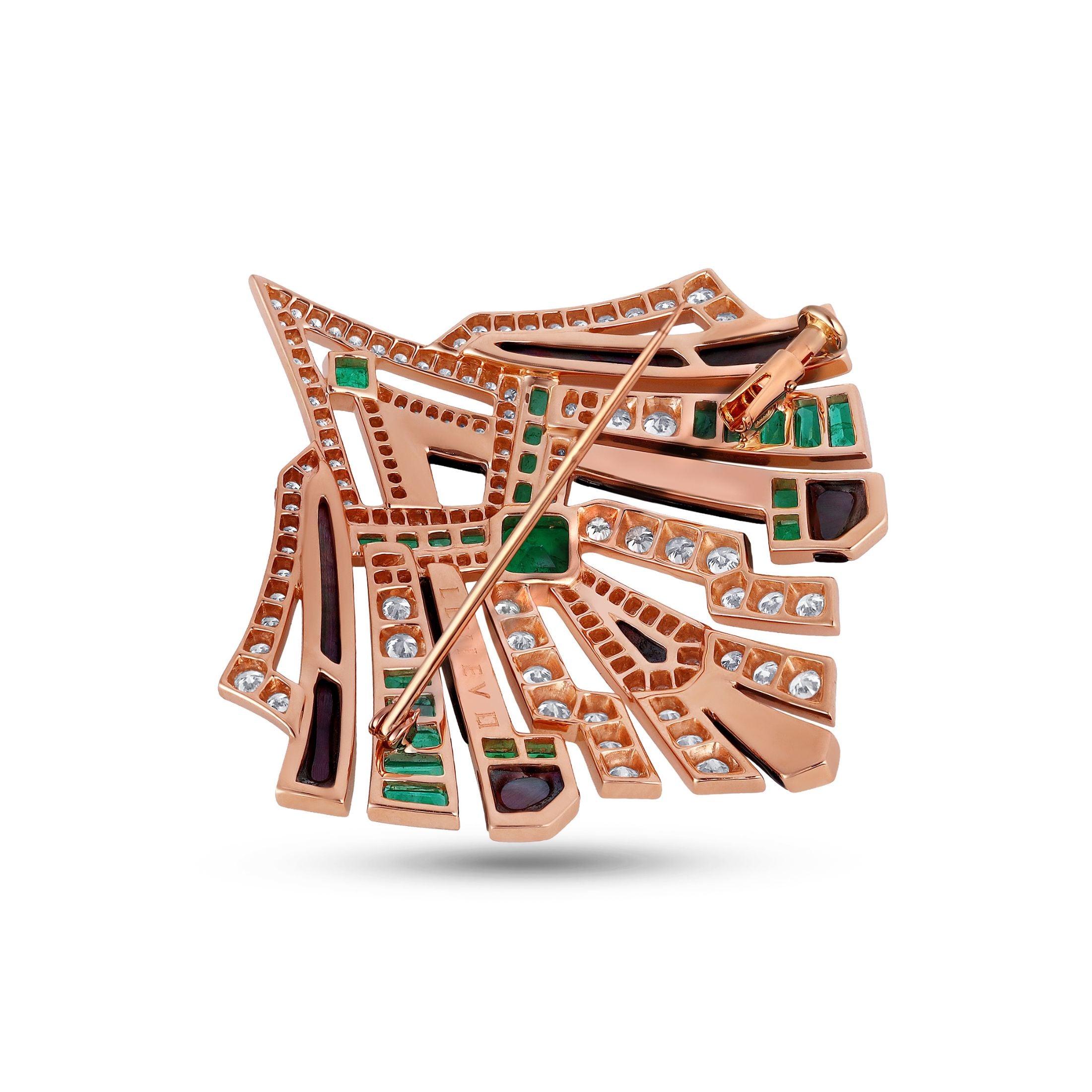 Bryant 8.11 Carat Mother of Pearl, Emerald, & Diamond Brooch in 18K Rose Gold