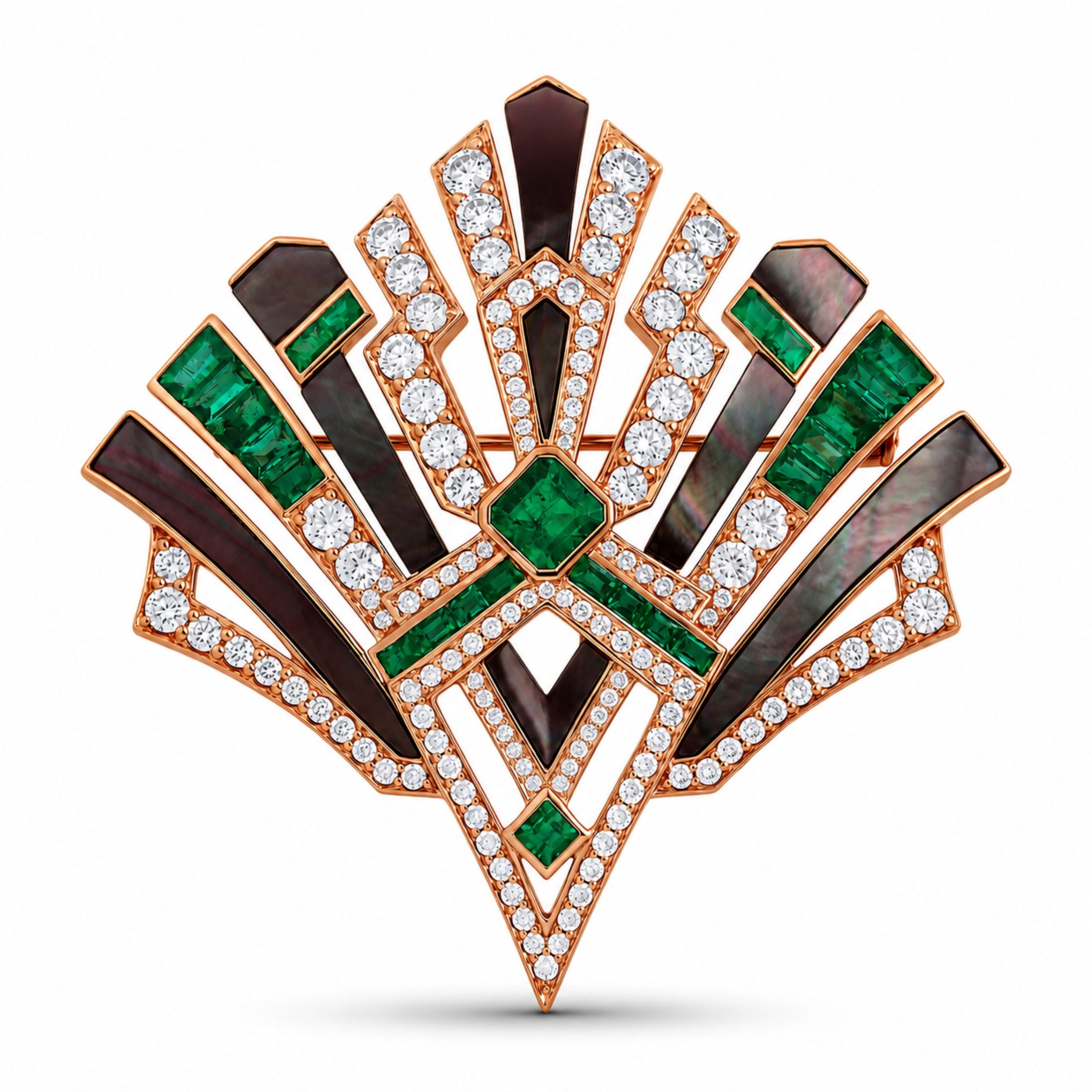 Bryant 8.11 Carat Mother of Pearl, Emerald, & Diamond Brooch in 18K Rose Gold