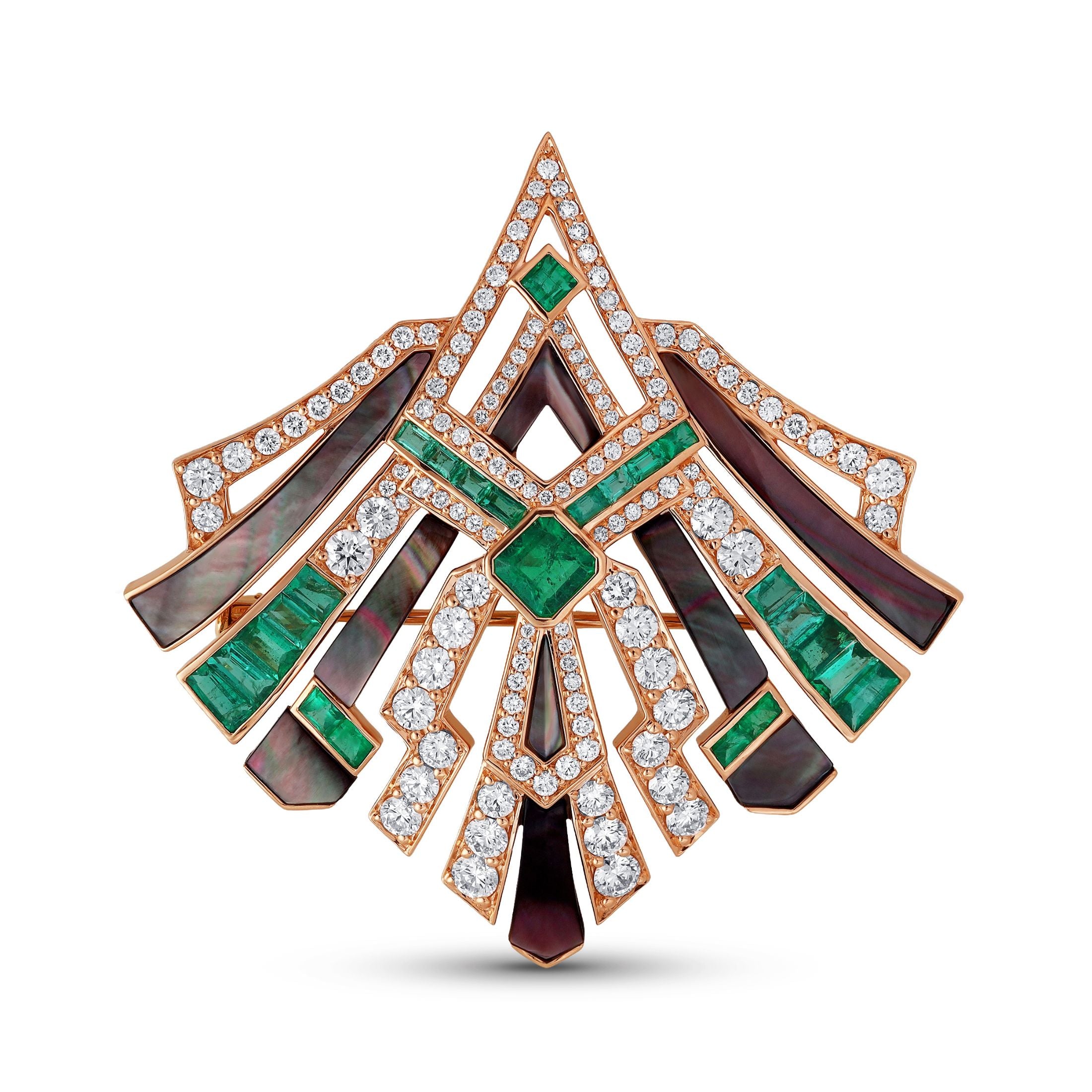 Bryant 8.11 Carat Mother of Pearl, Emerald, & Diamond Brooch in 18K Rose Gold
