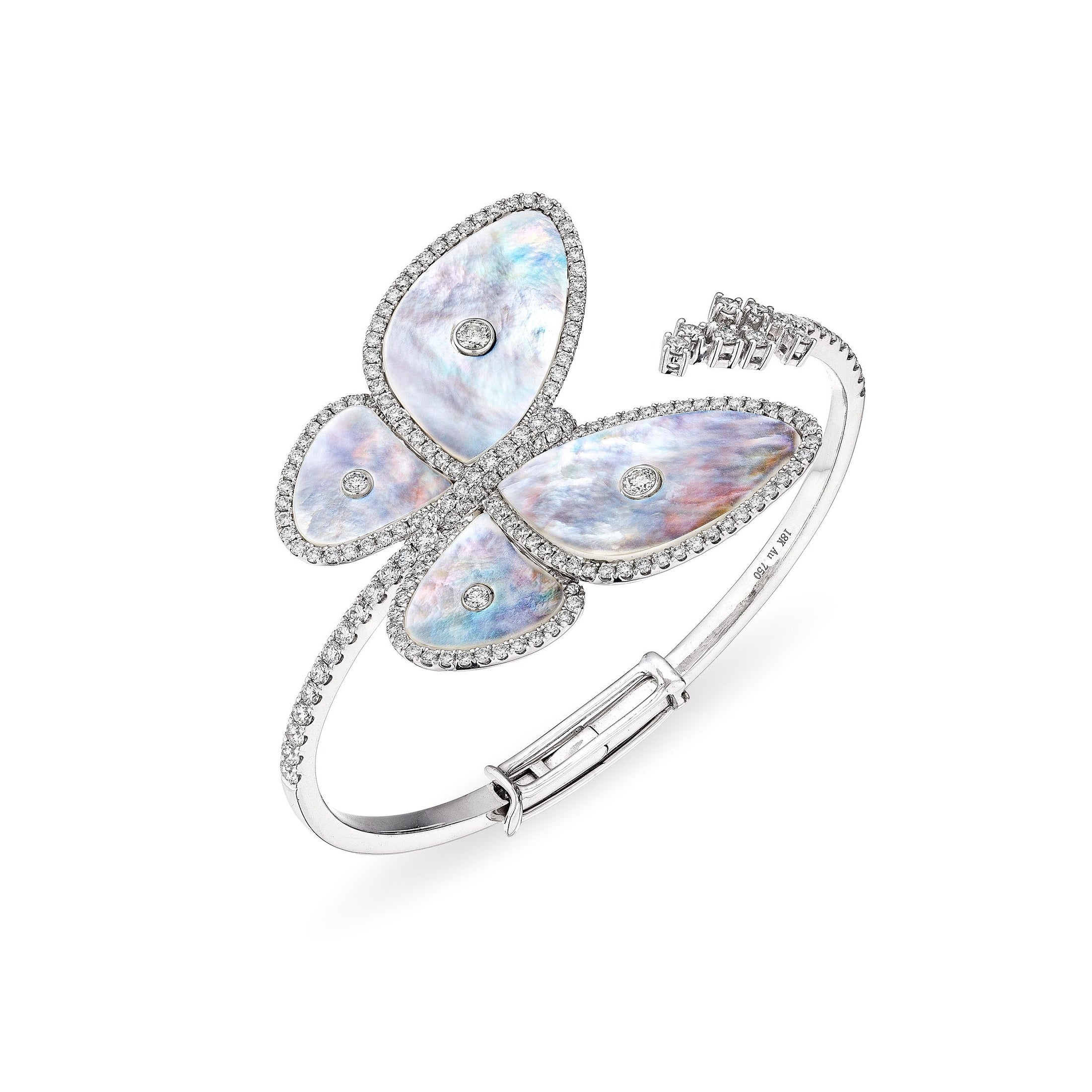 Leviev 18K white gold butterfly bangle with three diamond-set mother of pearl wings