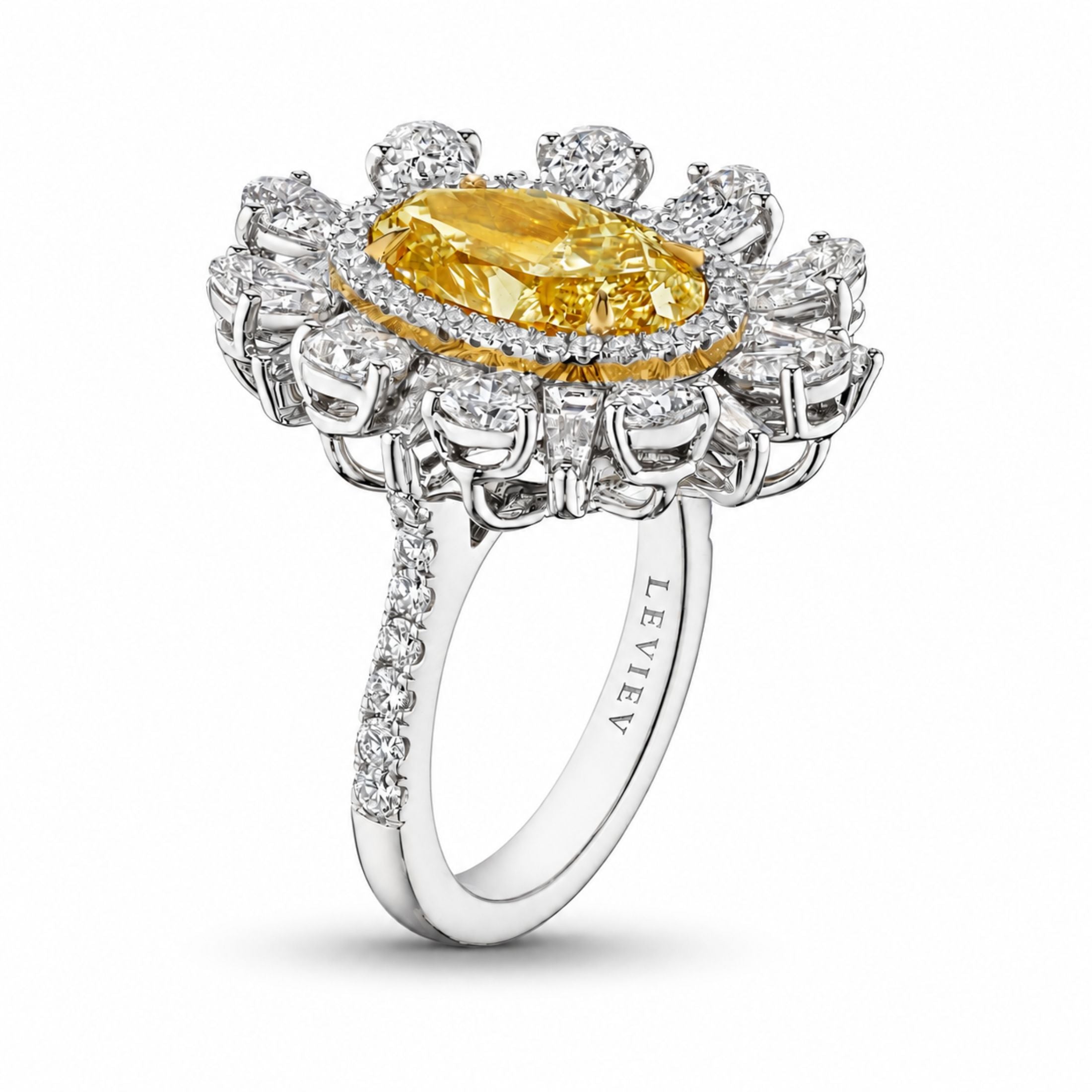 Caerwyn 7.01 Carat Oval Cut Fancy Light Yellow Diamond Halo Ring in 18K White Gold