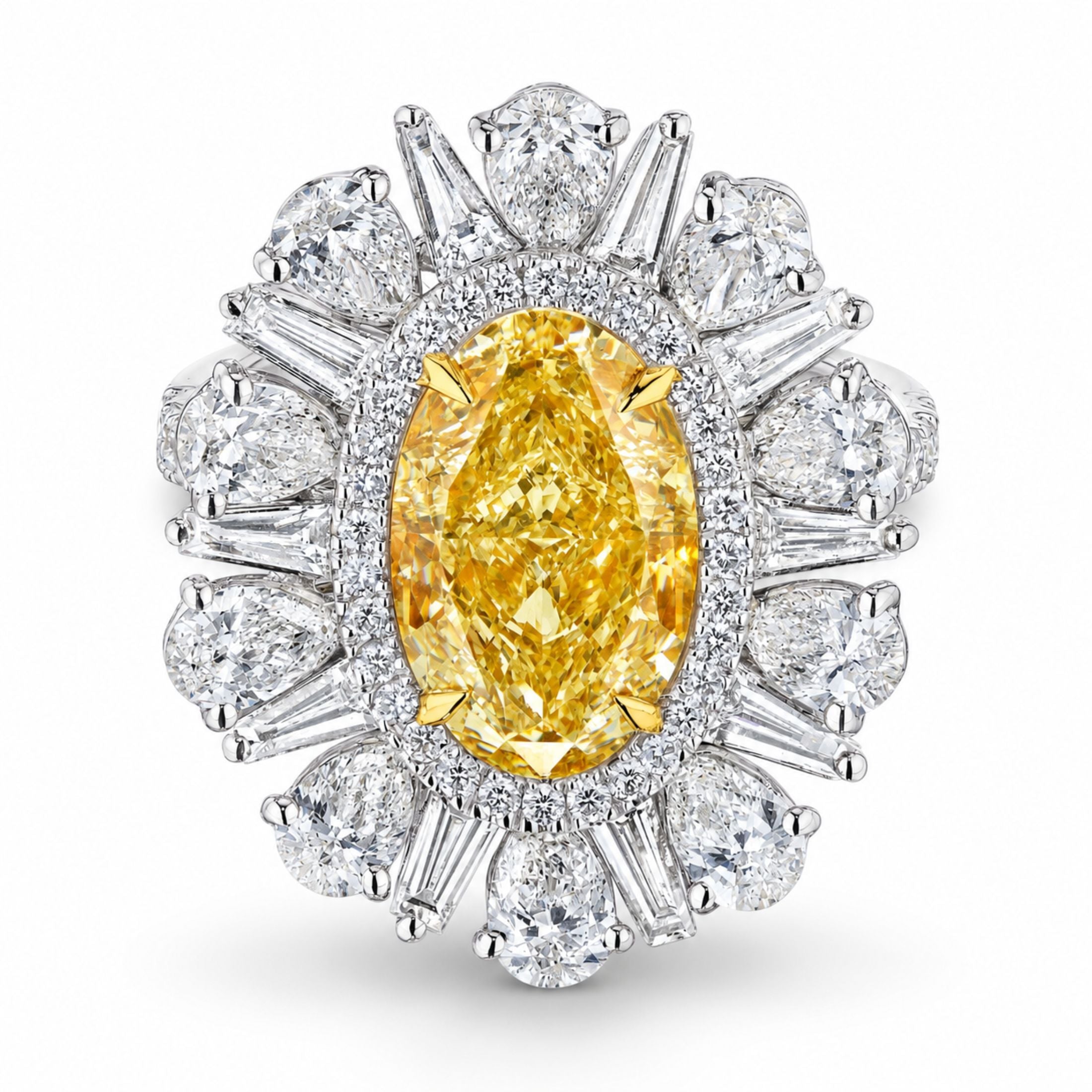 Caerwyn 7.01 Carat Oval Cut Fancy Light Yellow Diamond Halo Ring in 18K White Gold
