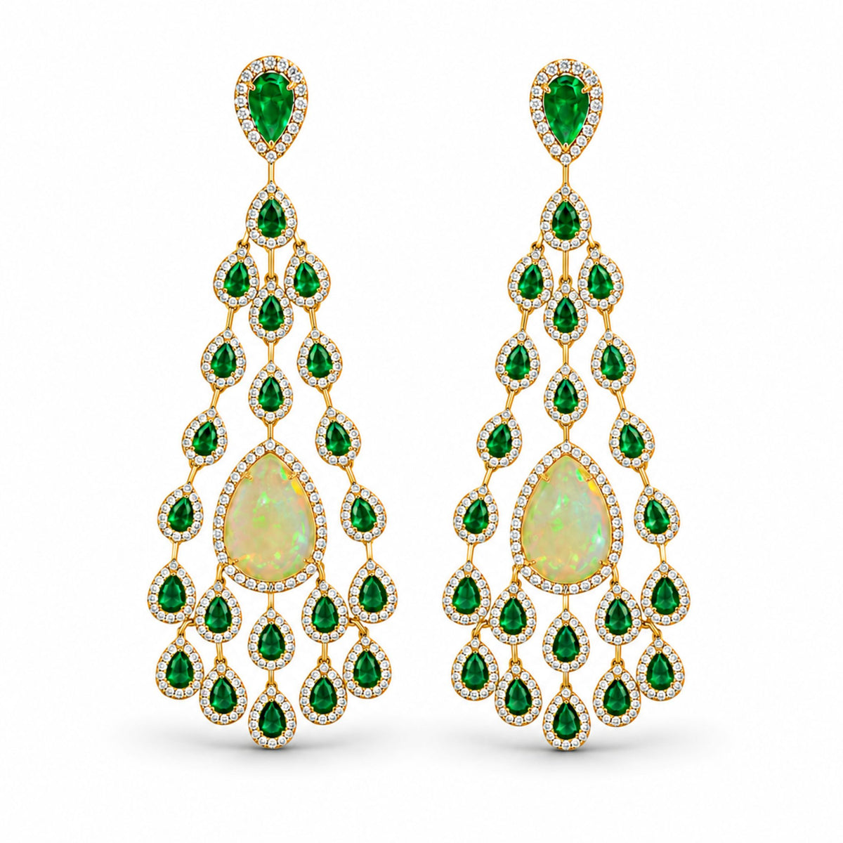 Leviev Calantha chandelier earrings in 18K rose gold with pear-shaped emerald, opal play-of-color, and diamond halo