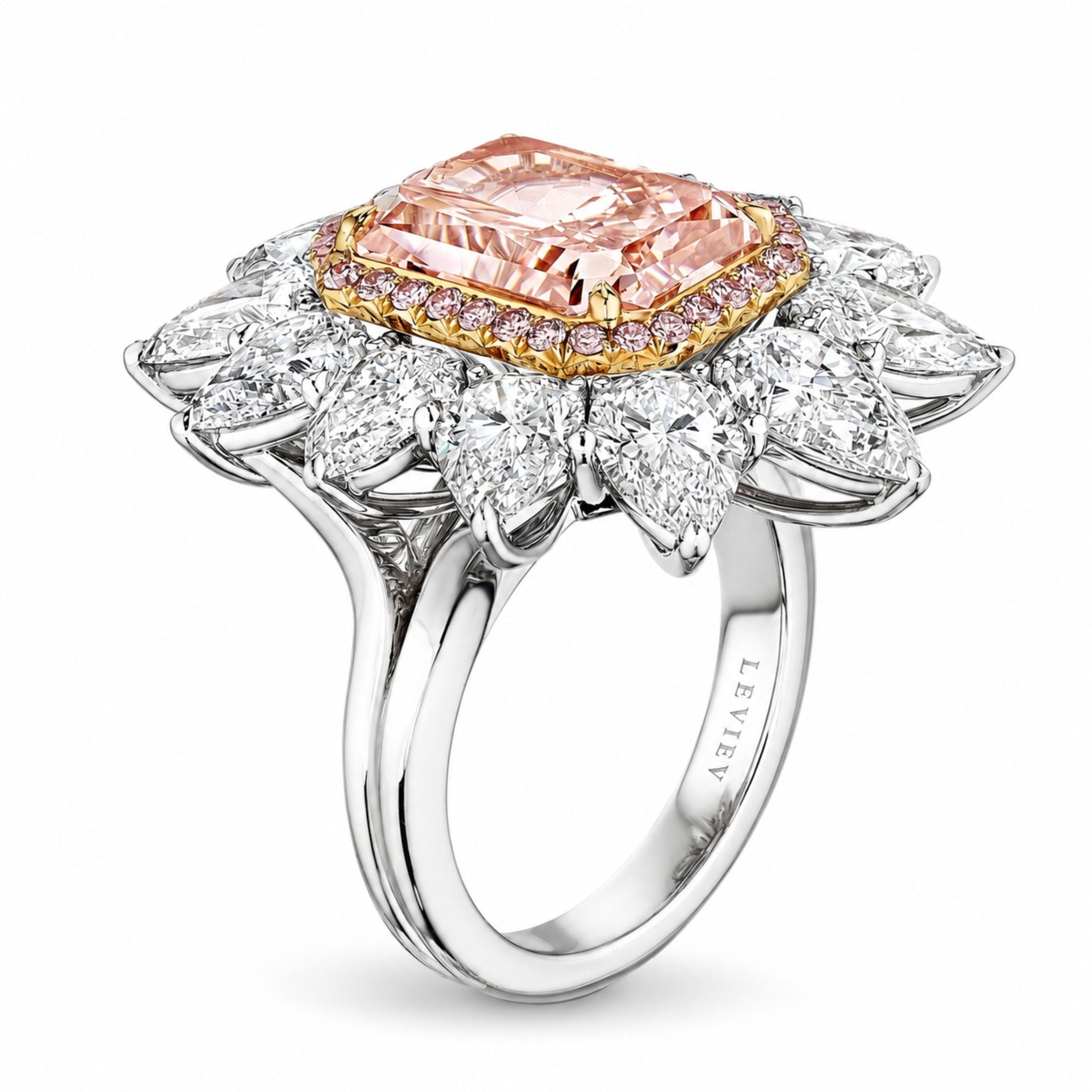 Side view Leviev Camellia pink diamond ring showing engraved LEVIÉV band and openwork metal setting