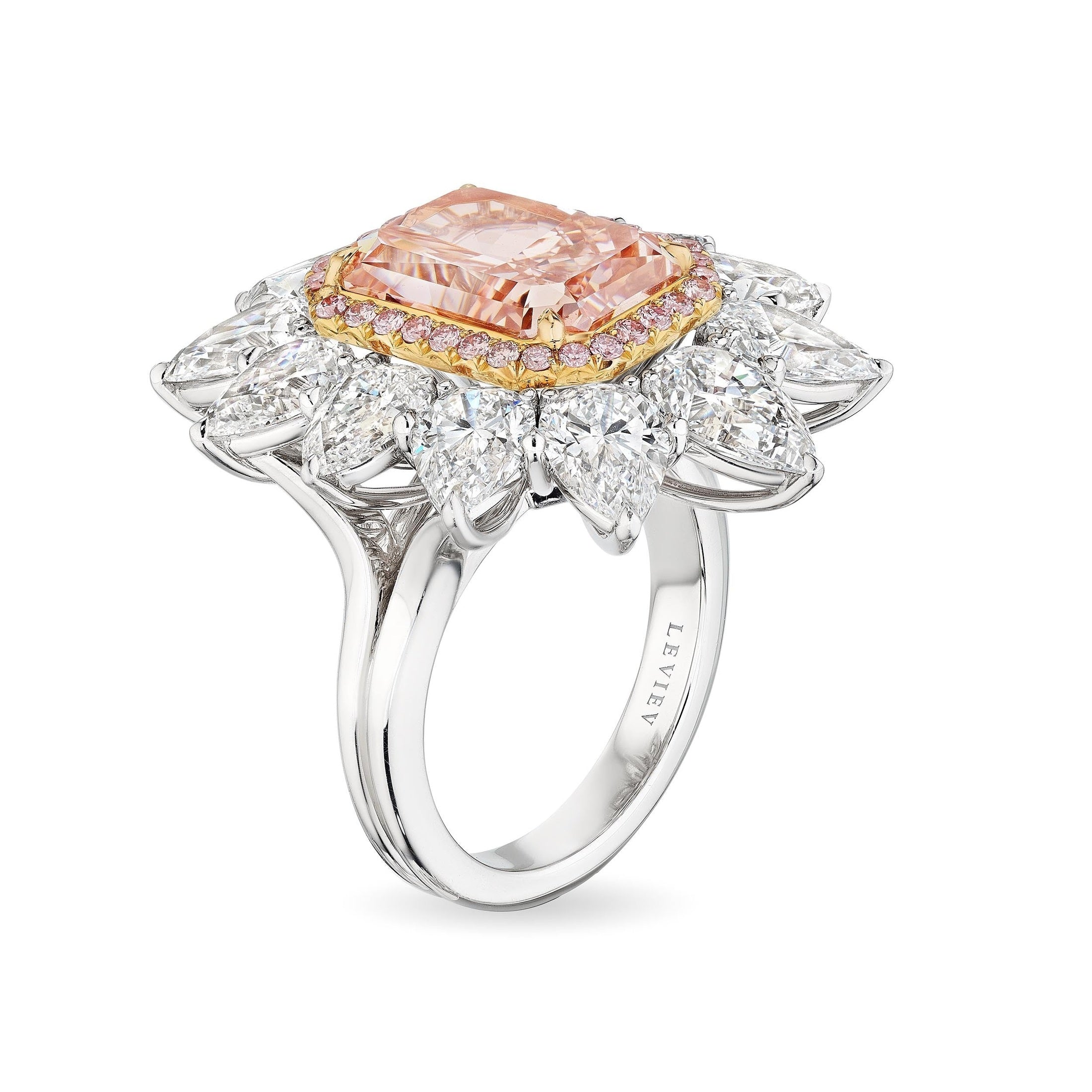 Two-tone Leviev cushion-cut pink diamond ring with yellow gold halo and white gold split shank band