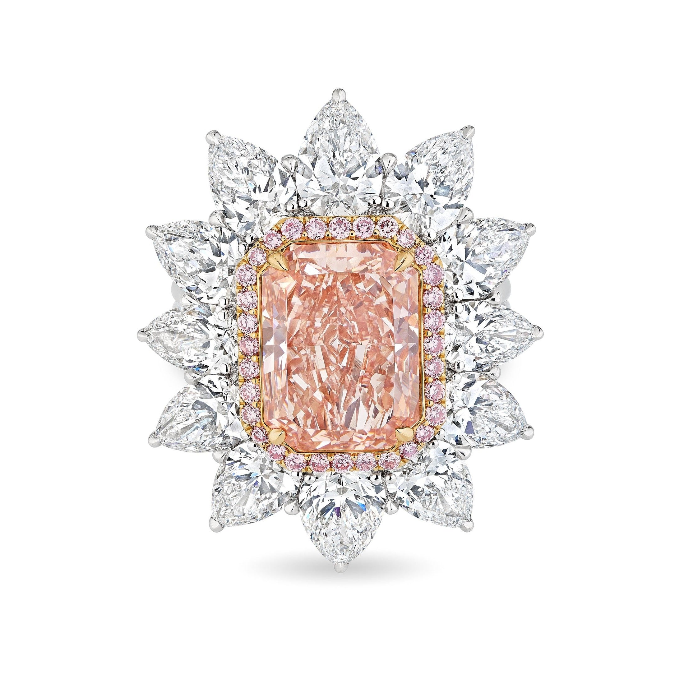 Leviev emerald-cut pink diamond ring featuring yellow gold bezel and white metal floral halo setting