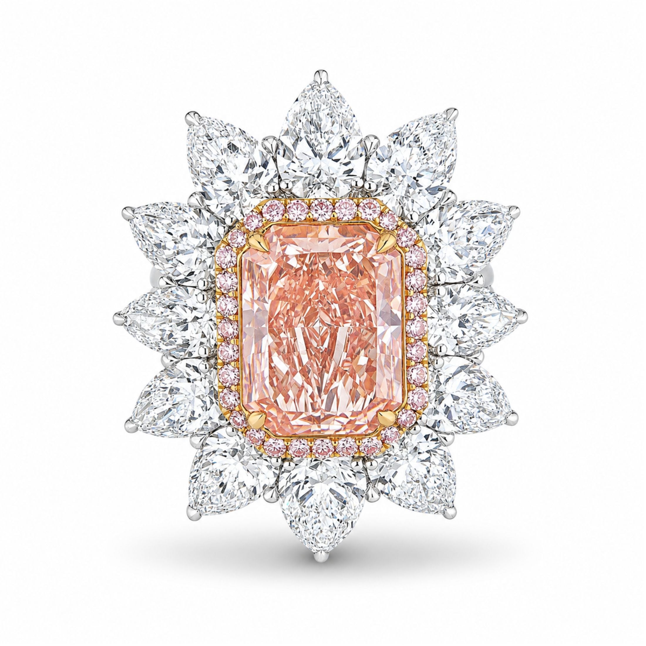 Leviev Camellia cushion-cut pink diamond ring with white diamond halo in yellow gold and platinum