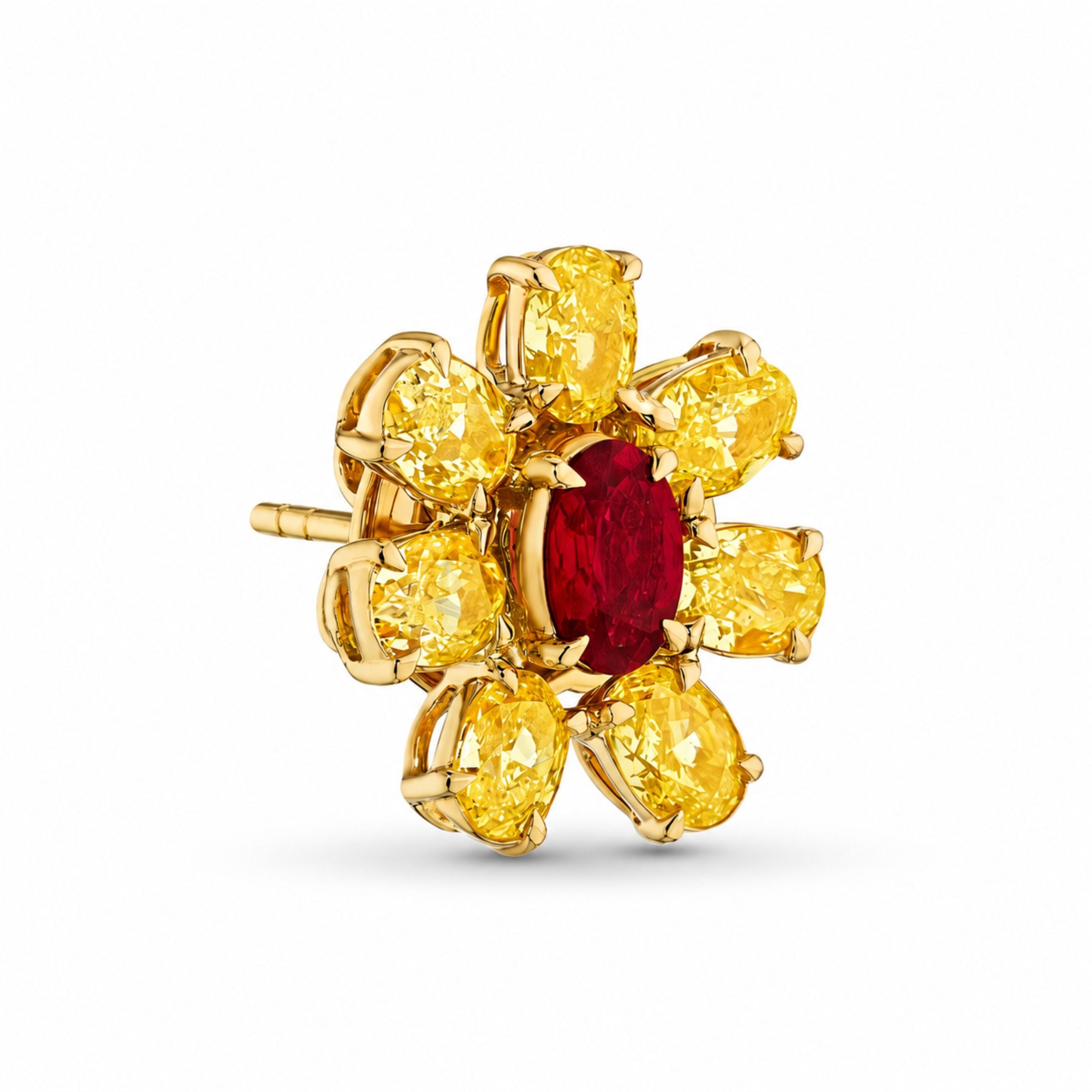Close-up of single 18k gold stud earring with deep red ruby and yellow diamond flower petals
