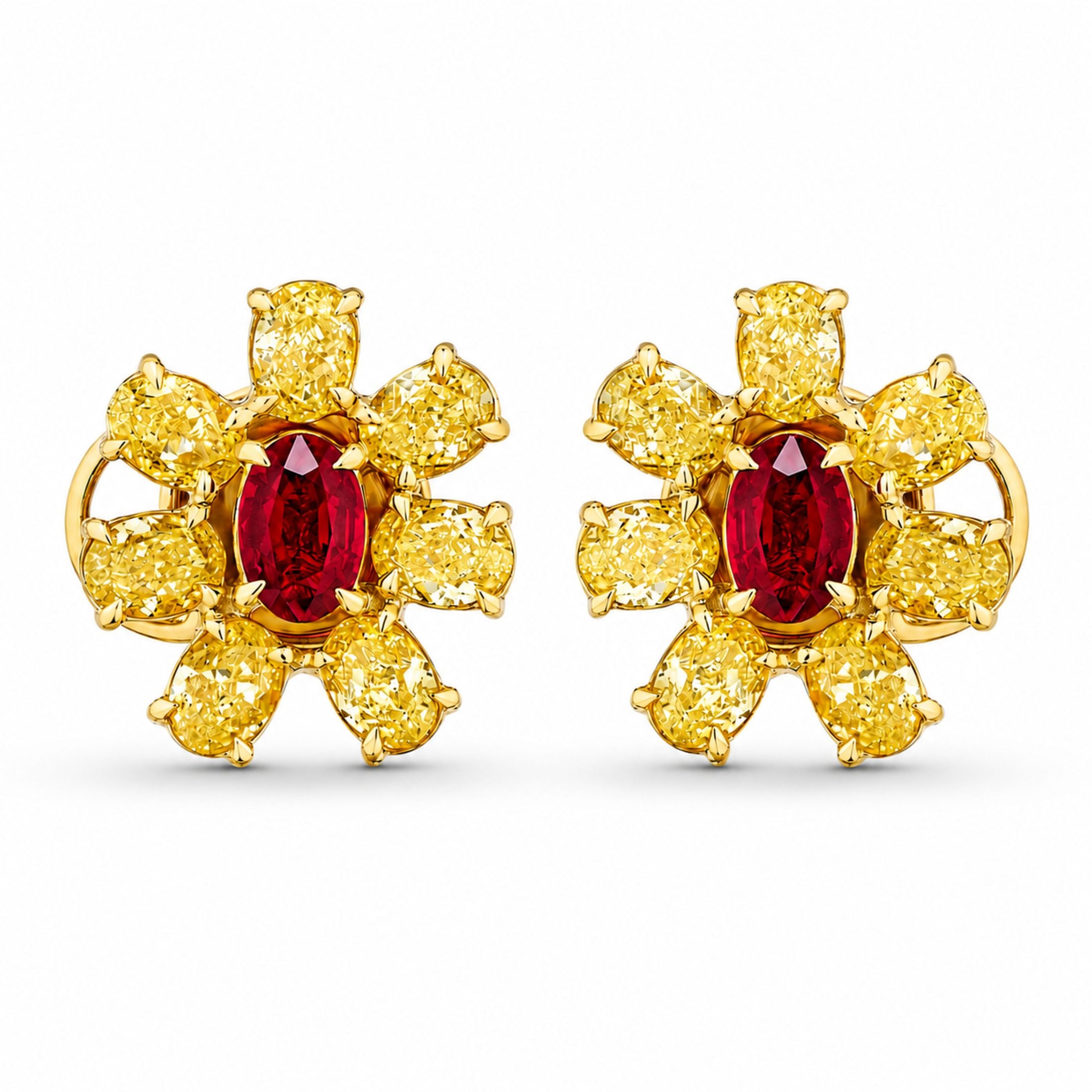 Pair of Leviev Canary Blossom ruby and yellow diamond floral stud earrings in 18k gold