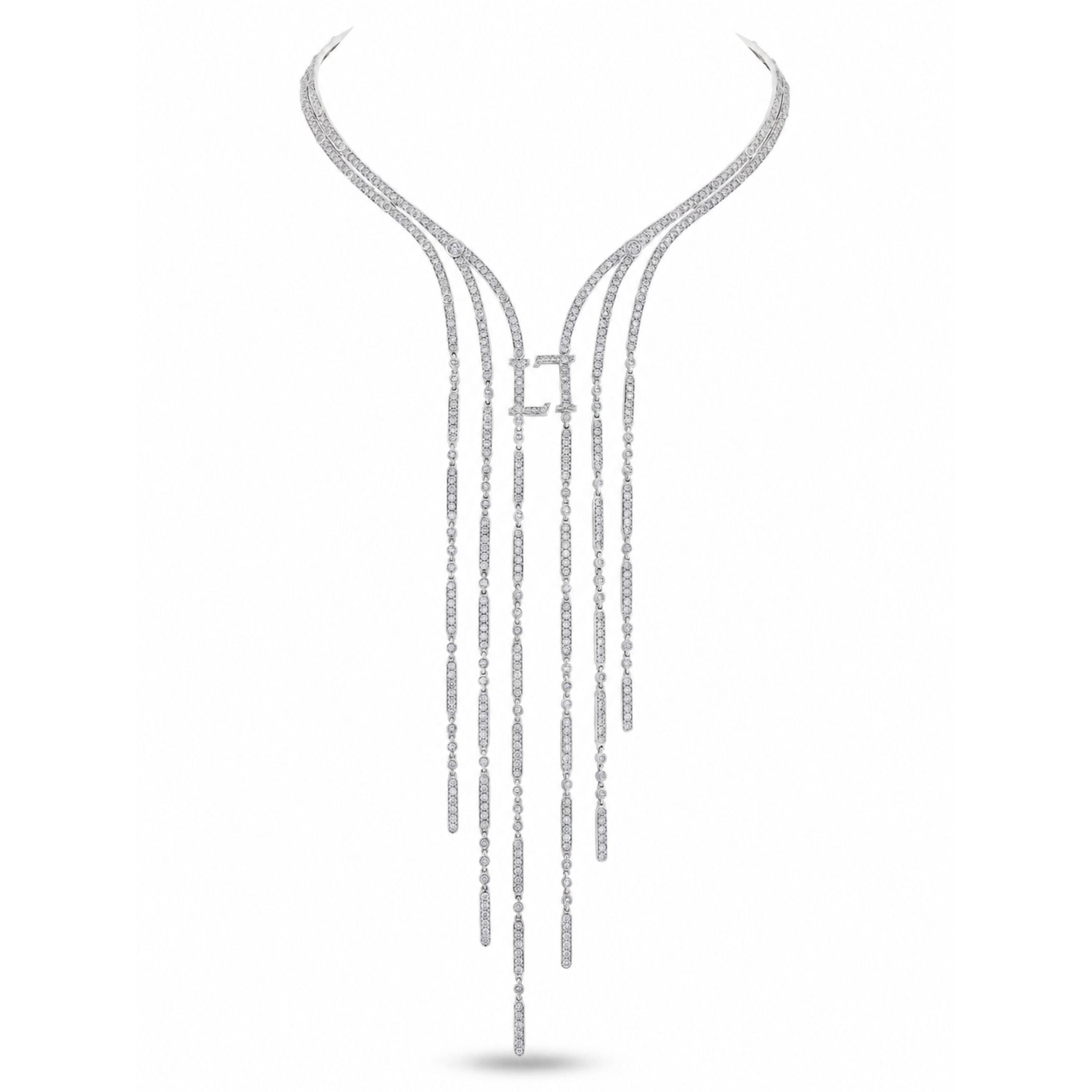 Leviev 18K white gold diamond necklace waterfall design on bust