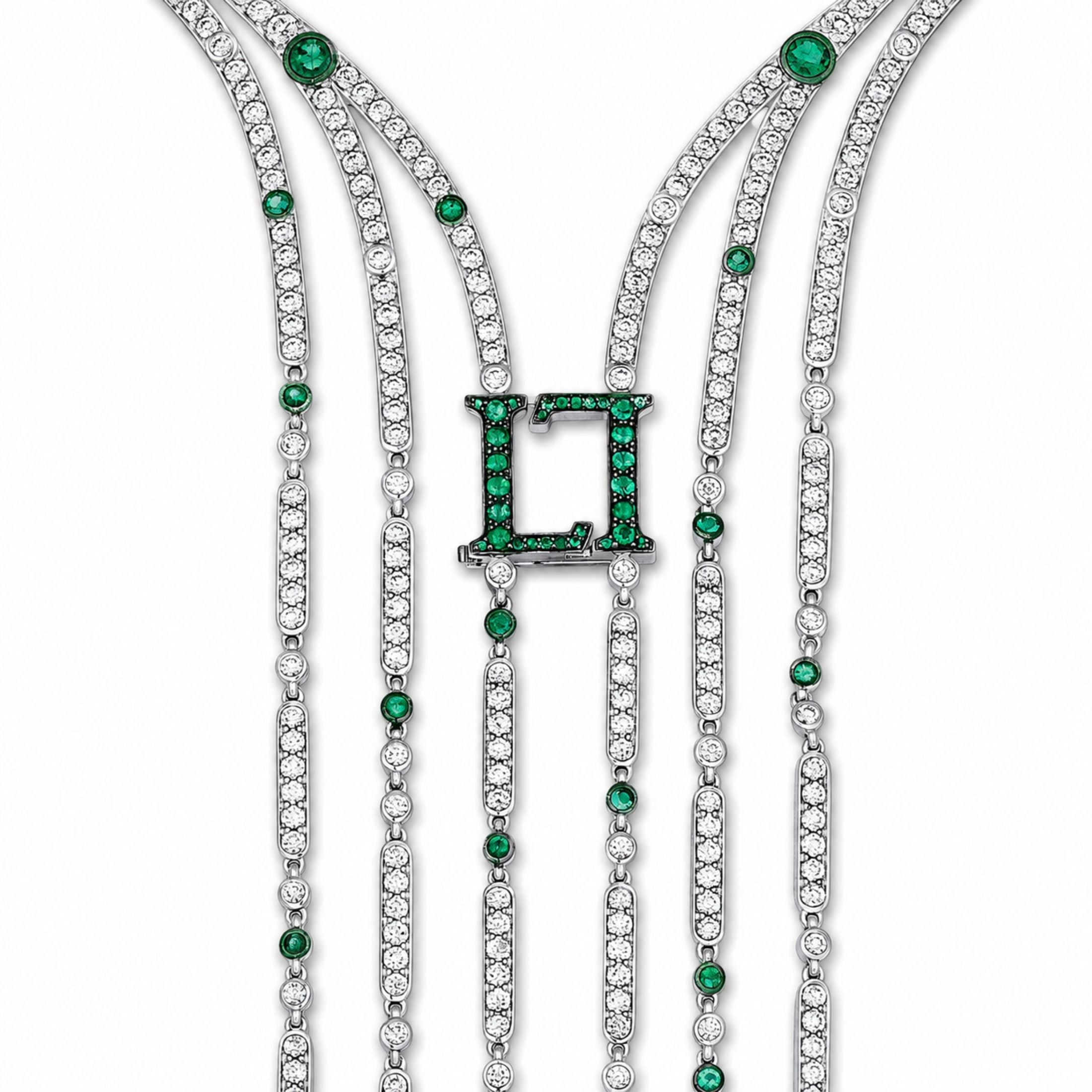 Close-up of Leviev emerald diamond necklace clasp and alternating stone strands