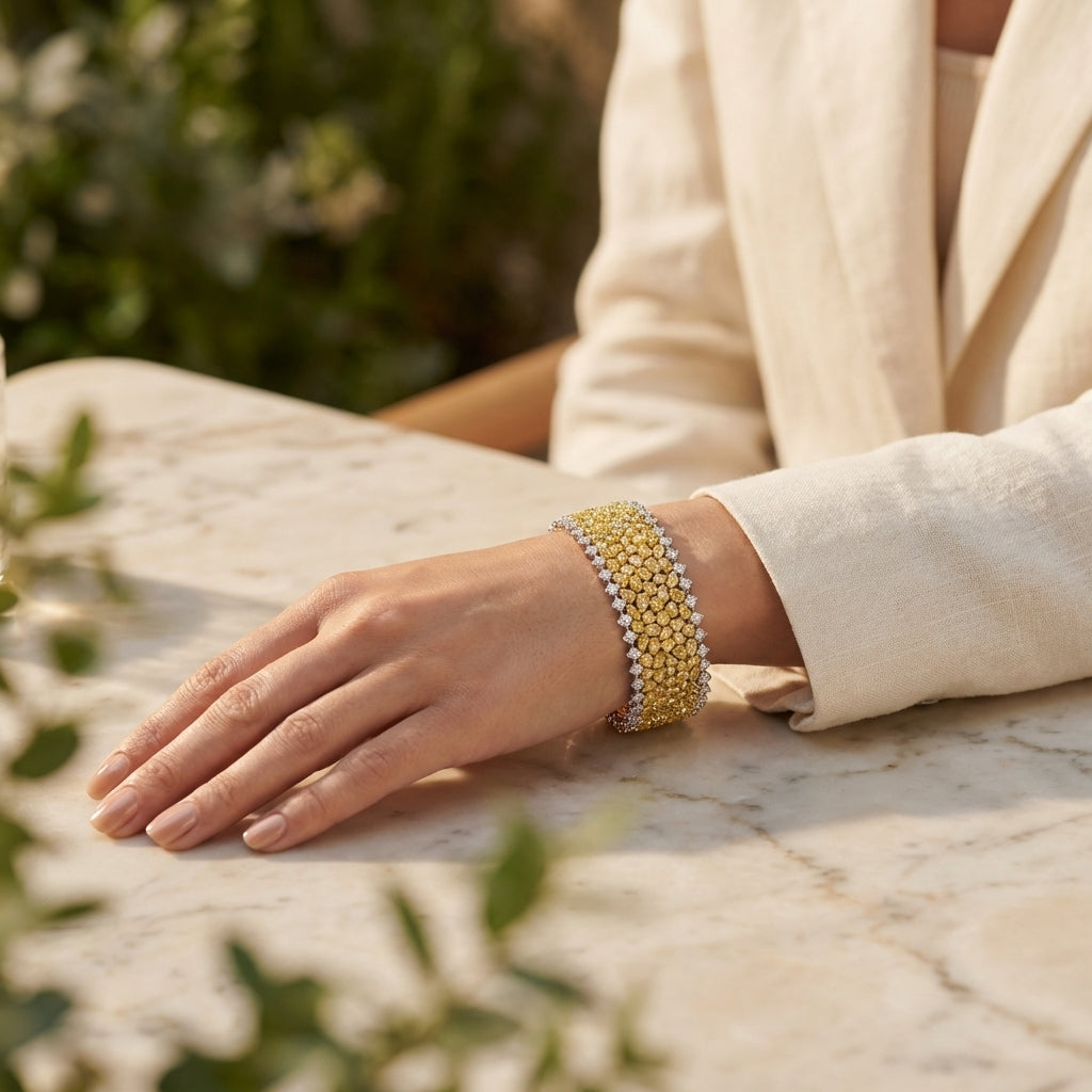 Leviev Cassian yellow diamond bracelet on wrist with white gold borders