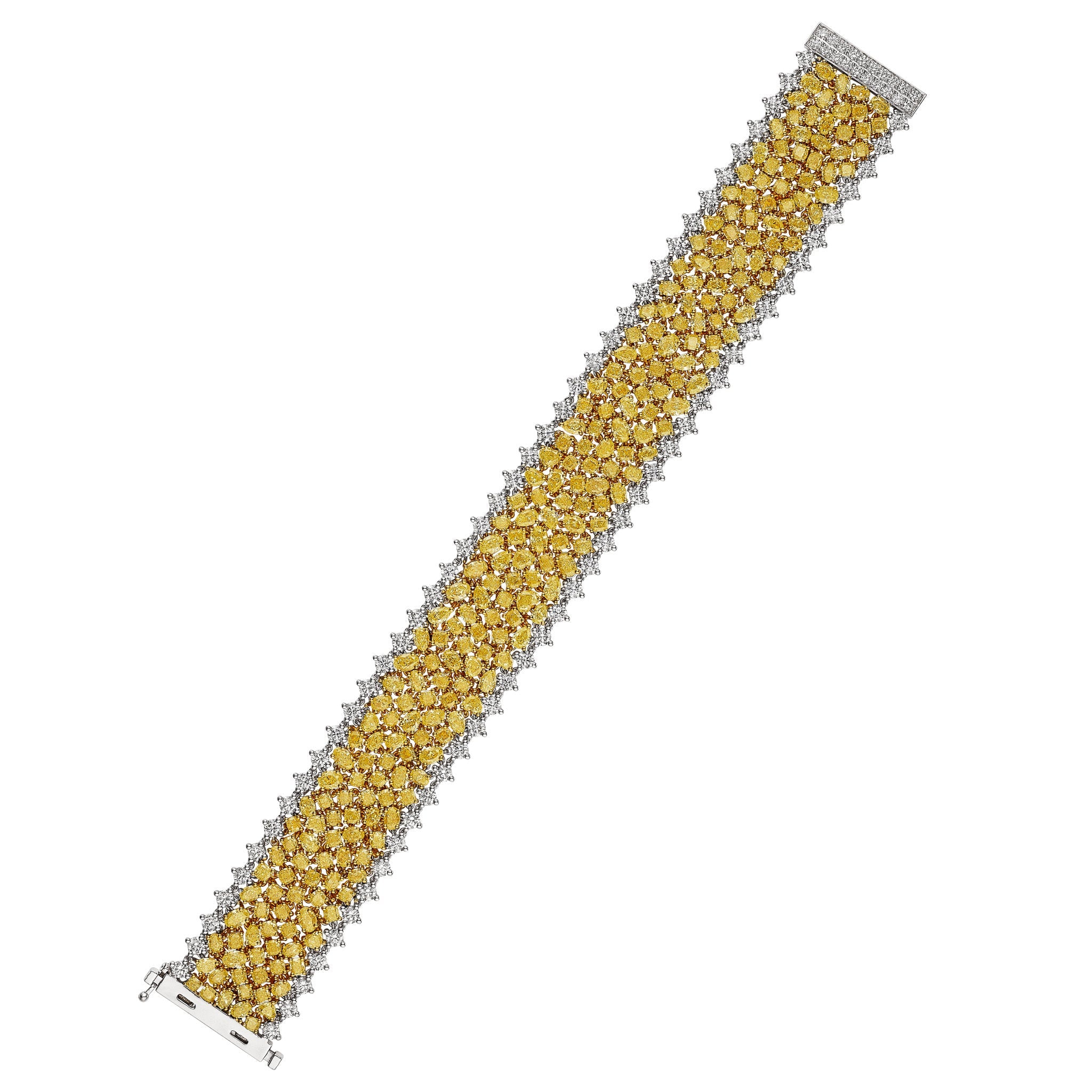 Wide band diamond bracelet diagonal view with scalloped starburst pattern