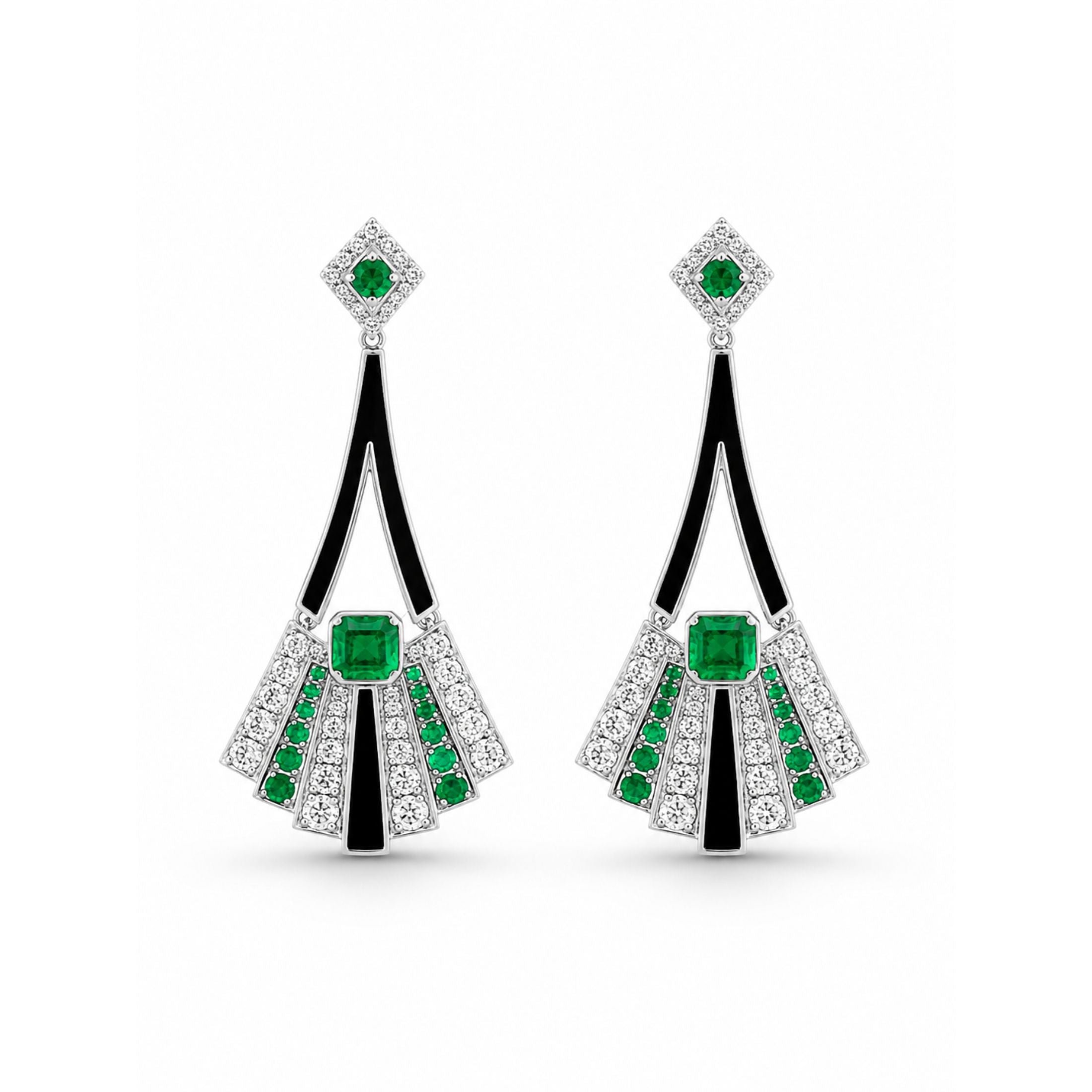 Chelsea 8.81 Carat Emerald, Onyx & Diamond Drop Earrings in 18K White Gold
