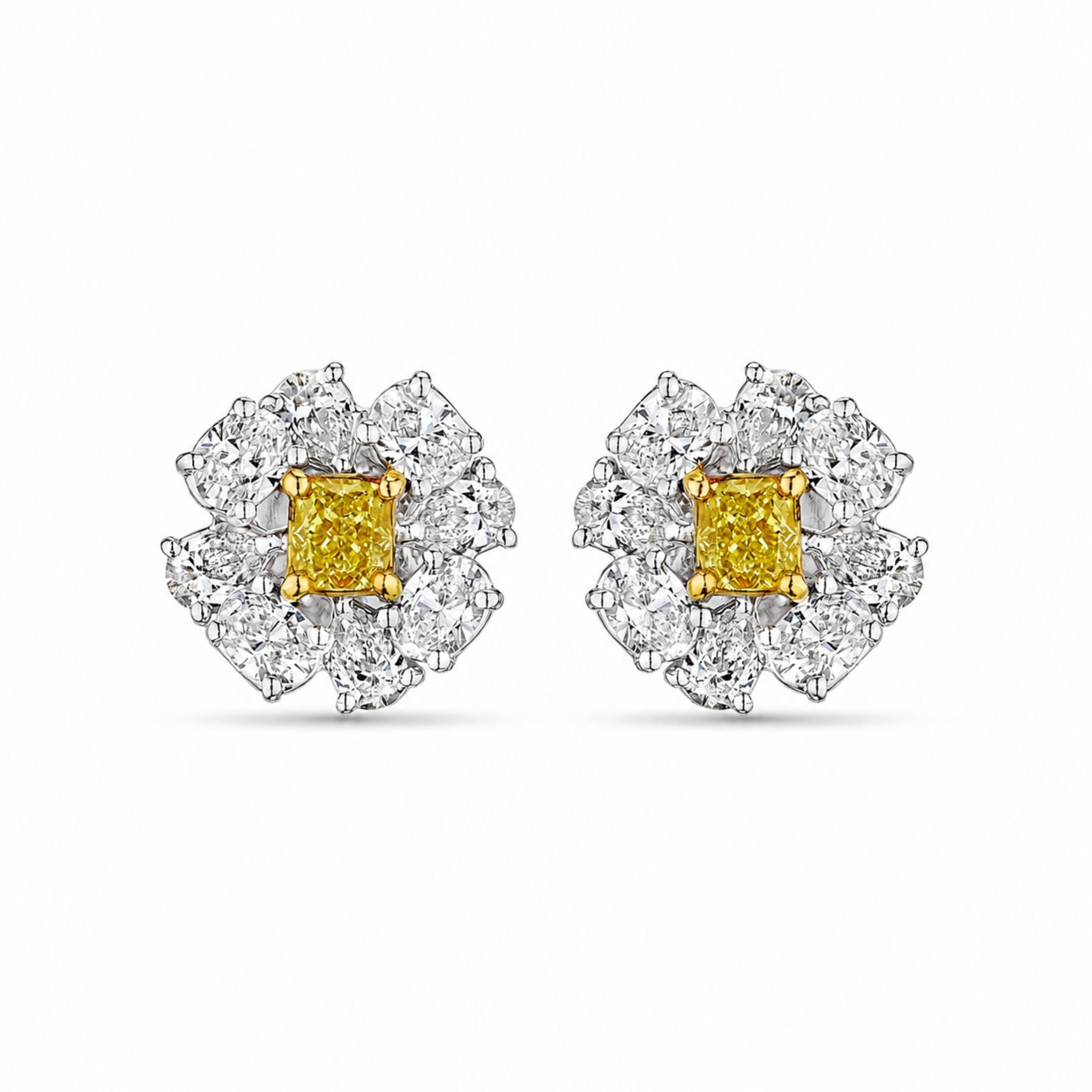 Citrine Blossom diamond stud earrings with yellow center stone and white gold floral design
