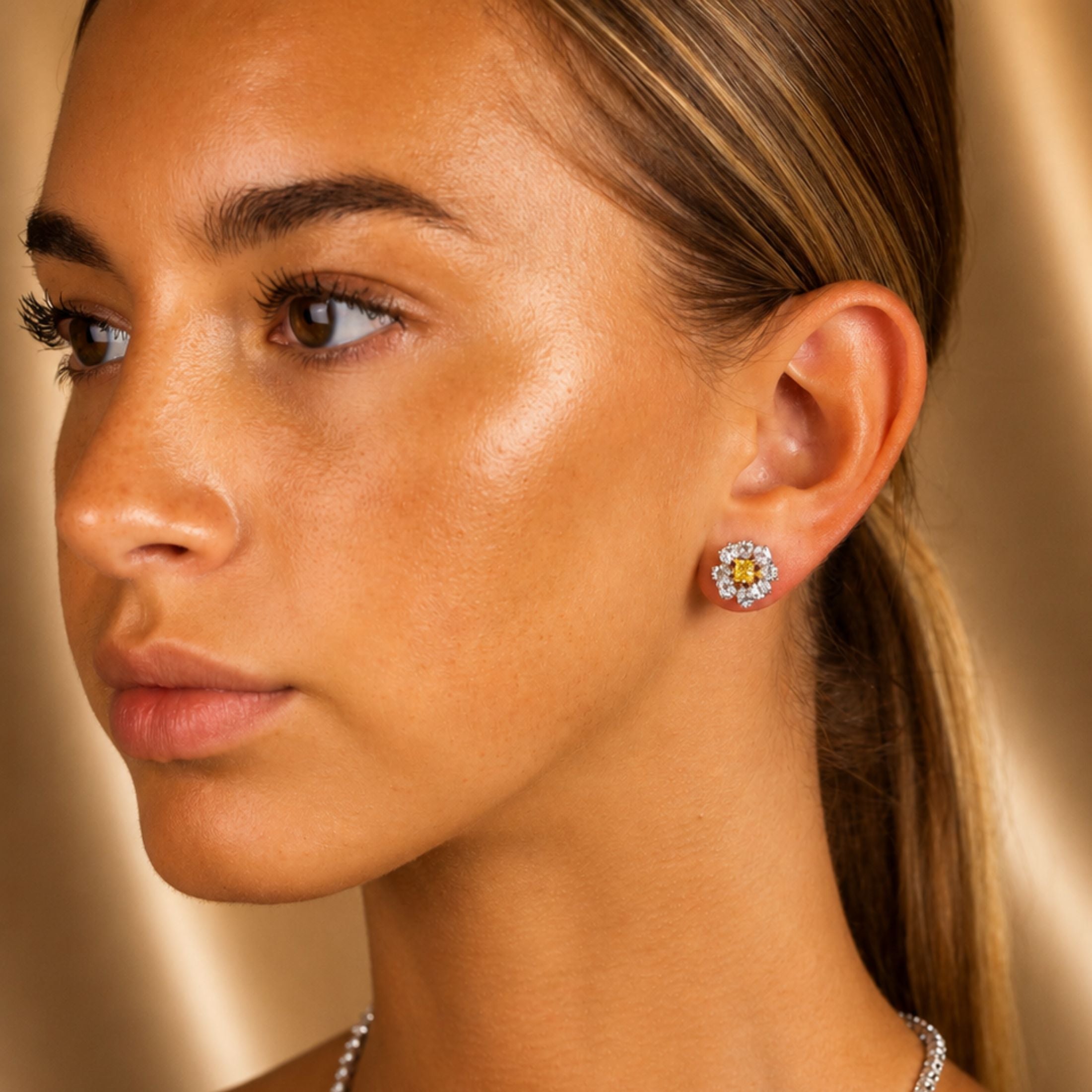 Citrine Blossom 2.55 Carat Diamond Stud Earrings in 18K White Gold