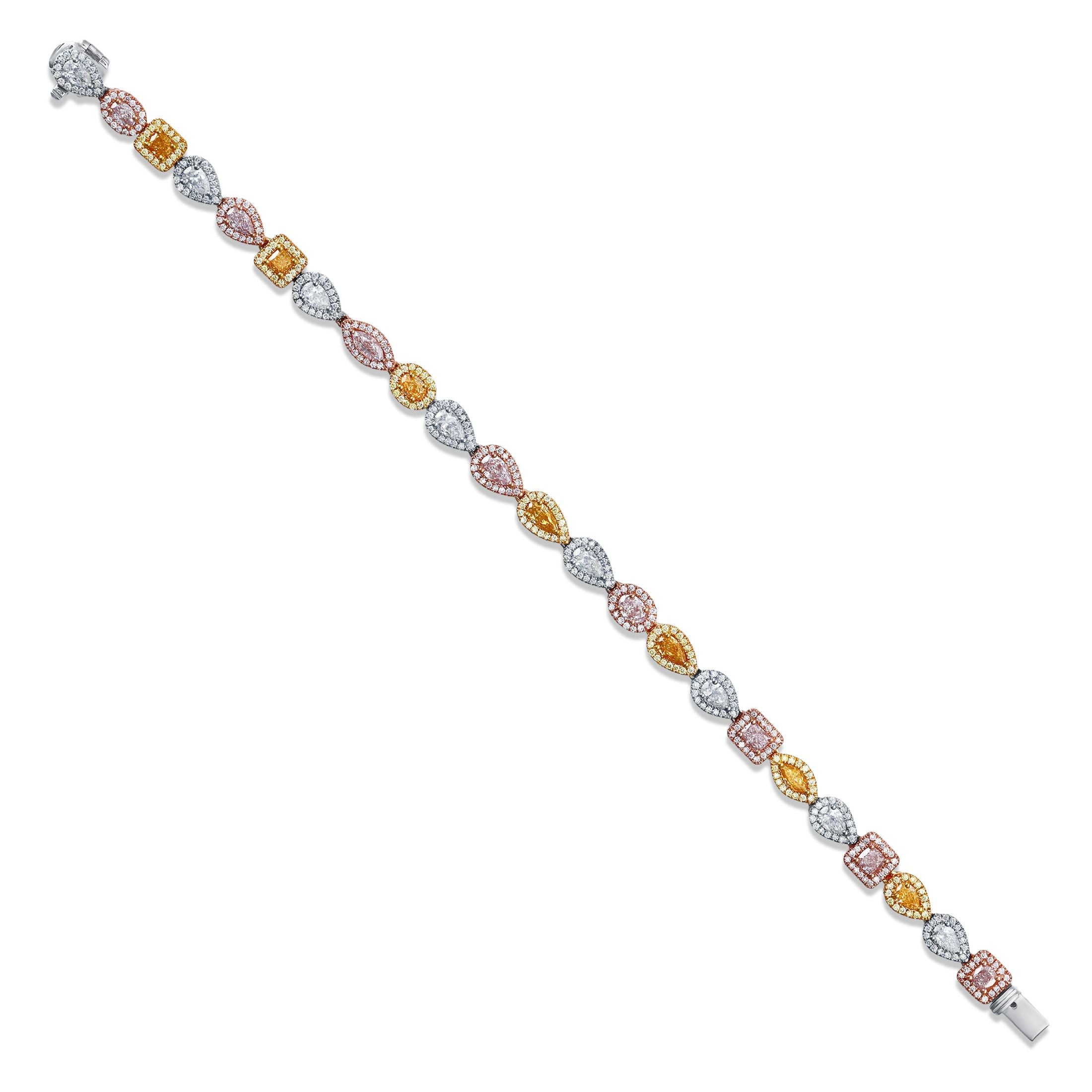 Diagonal view of continuous mixed-cut diamond links in white, rose, and yellow gold