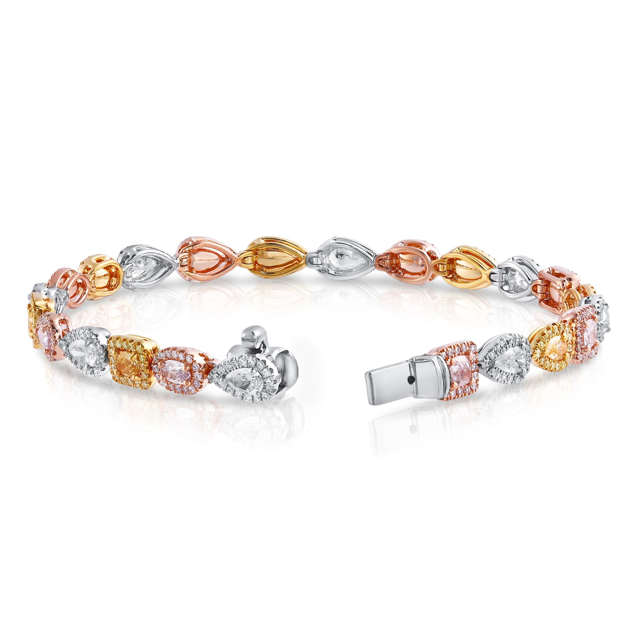 Open multi-toned diamond bracelet showing alternating gold settings and clasp