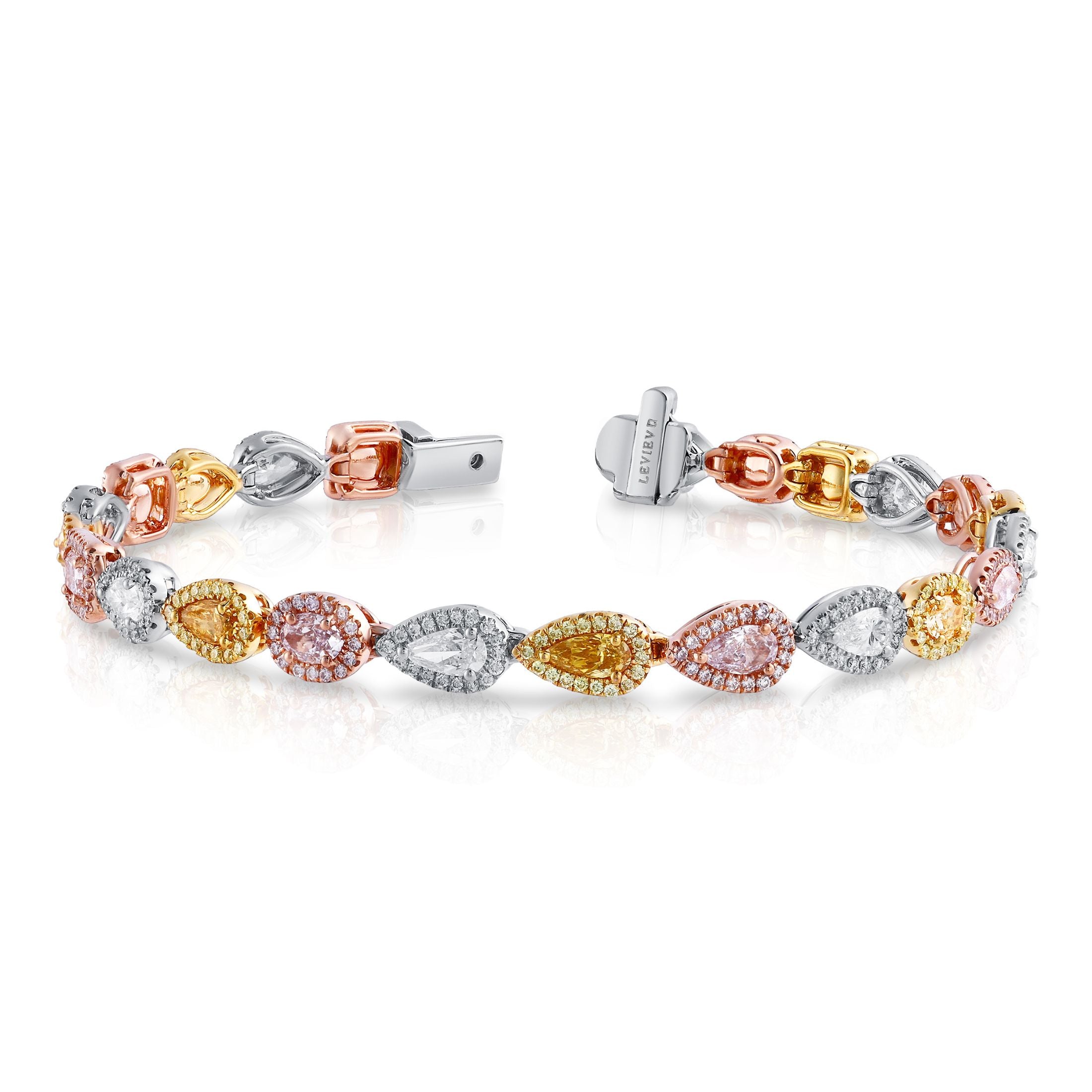 Leviev engraved tongue-and-groove clasp on open multi-color diamond bracelet