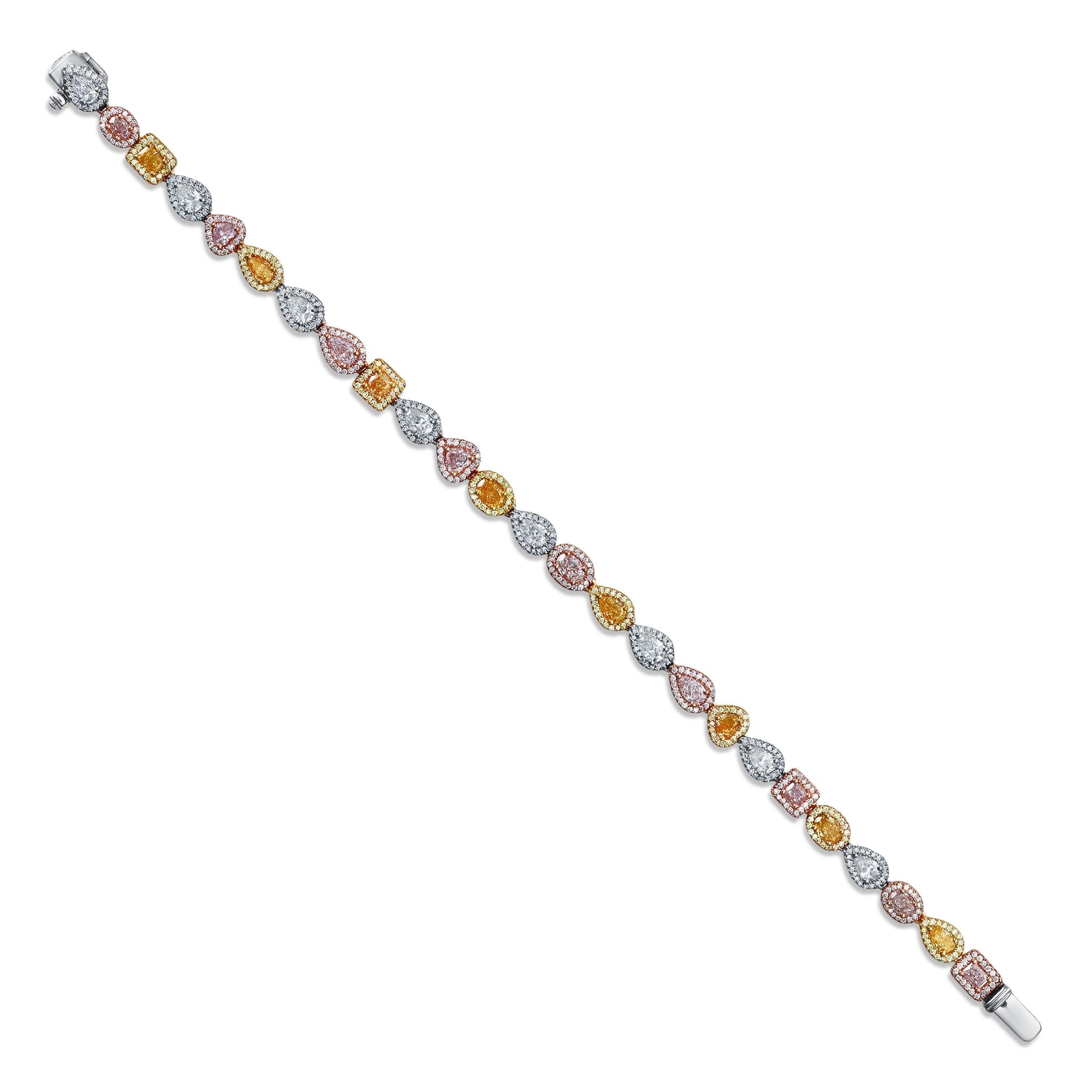 Linear layout of 18K white gold diamond bracelet with alternating colored gemstones