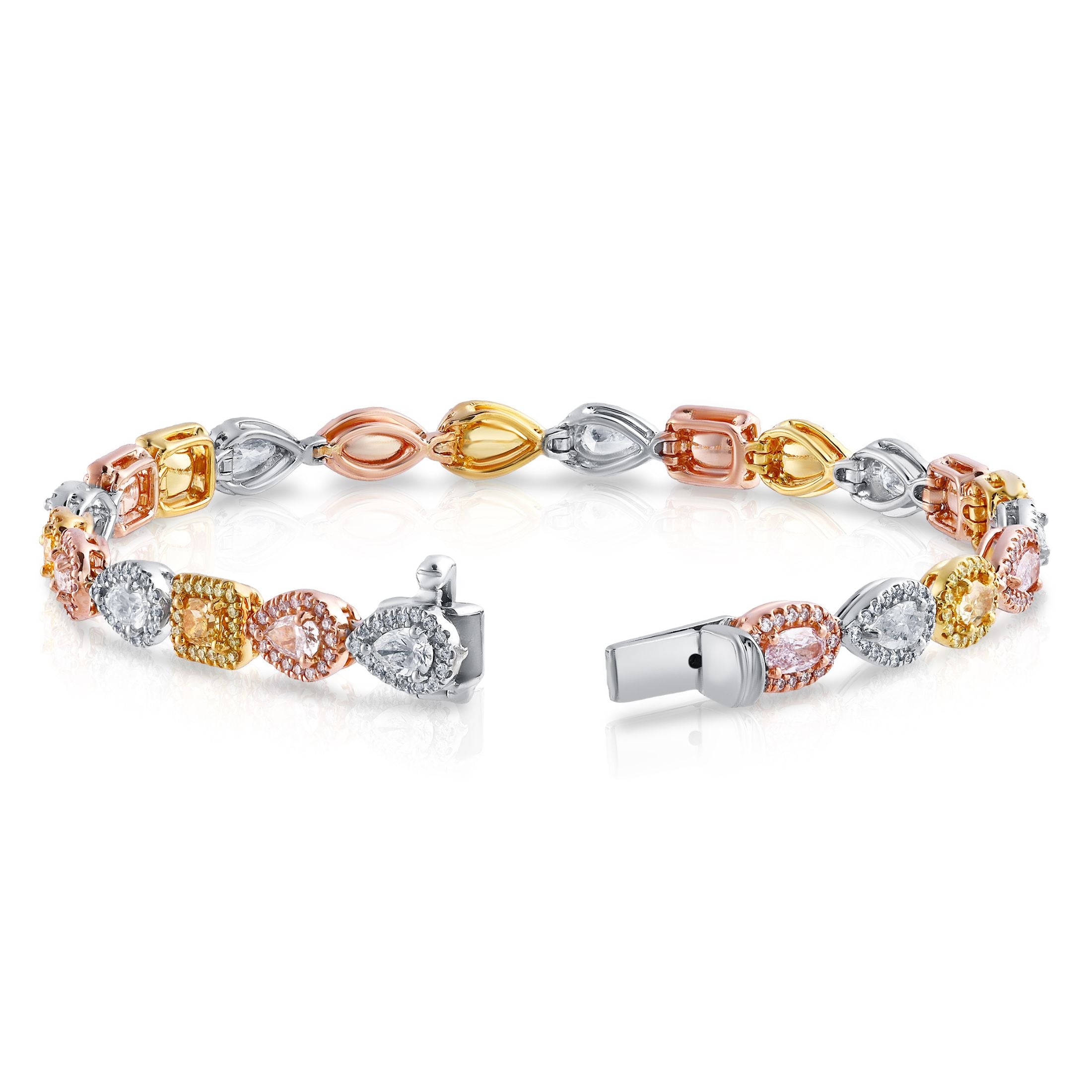 Asymmetrical multi-color diamond bracelet with open circular layout and visible hinge clasp