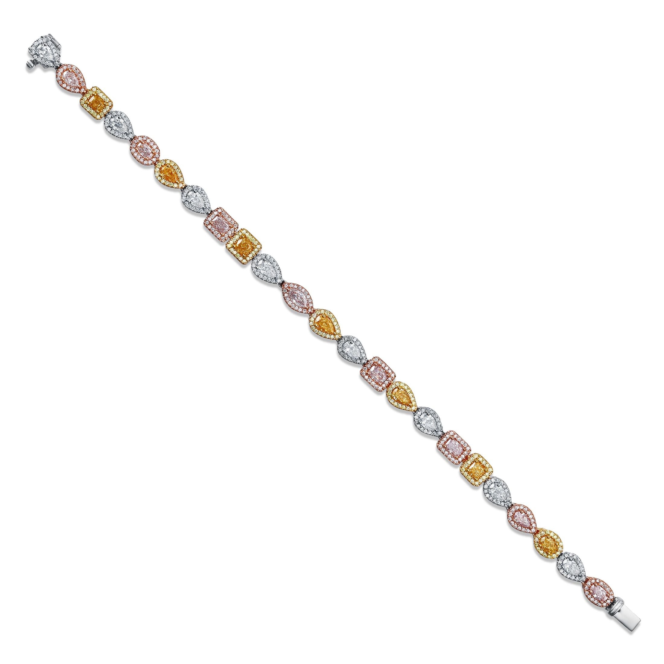 Three-tone gold diamond bracelet featuring pink yellow and white stones in micro-pavé halos