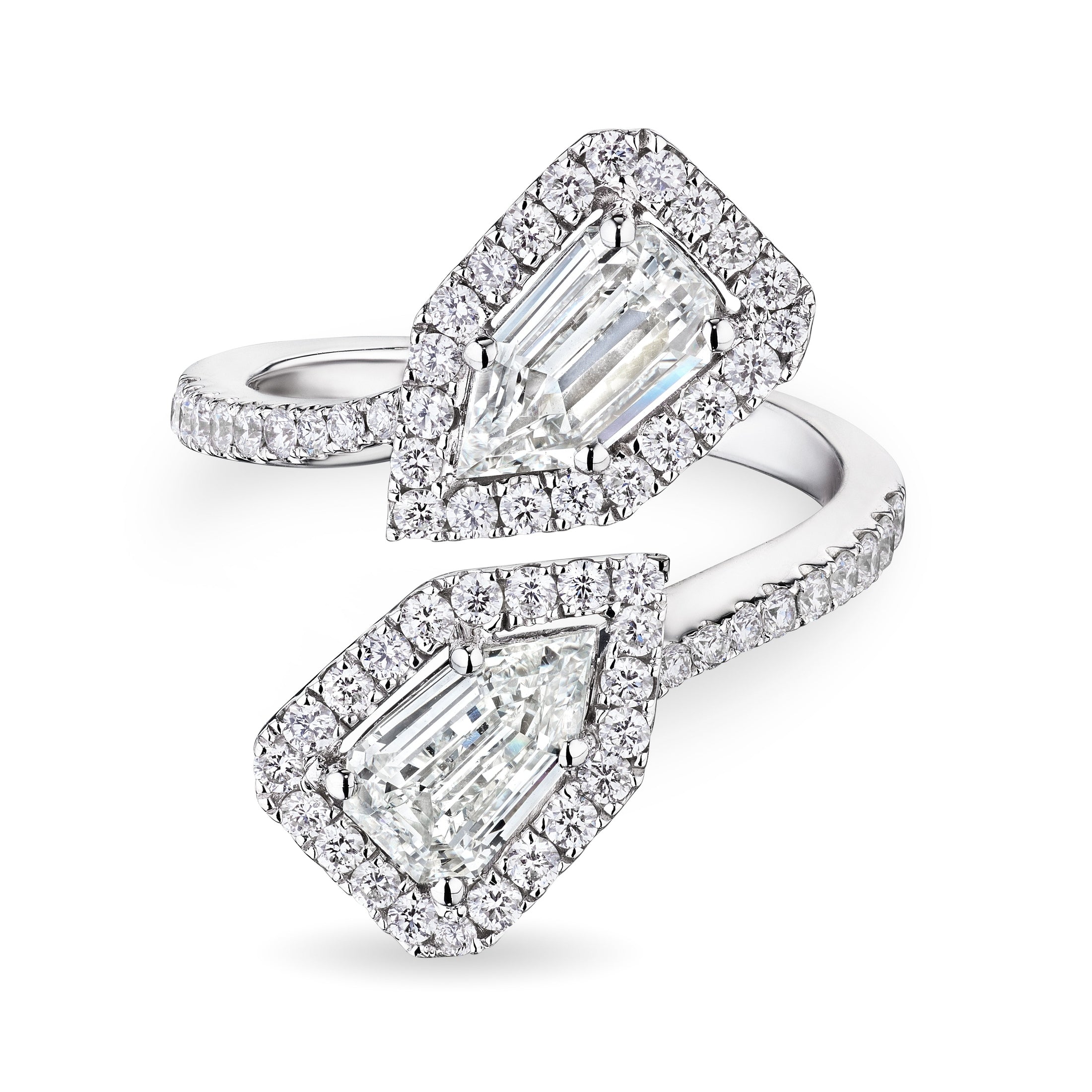 18K white gold bypass diamond ring with emerald-cut stones and hexagonal halo detail