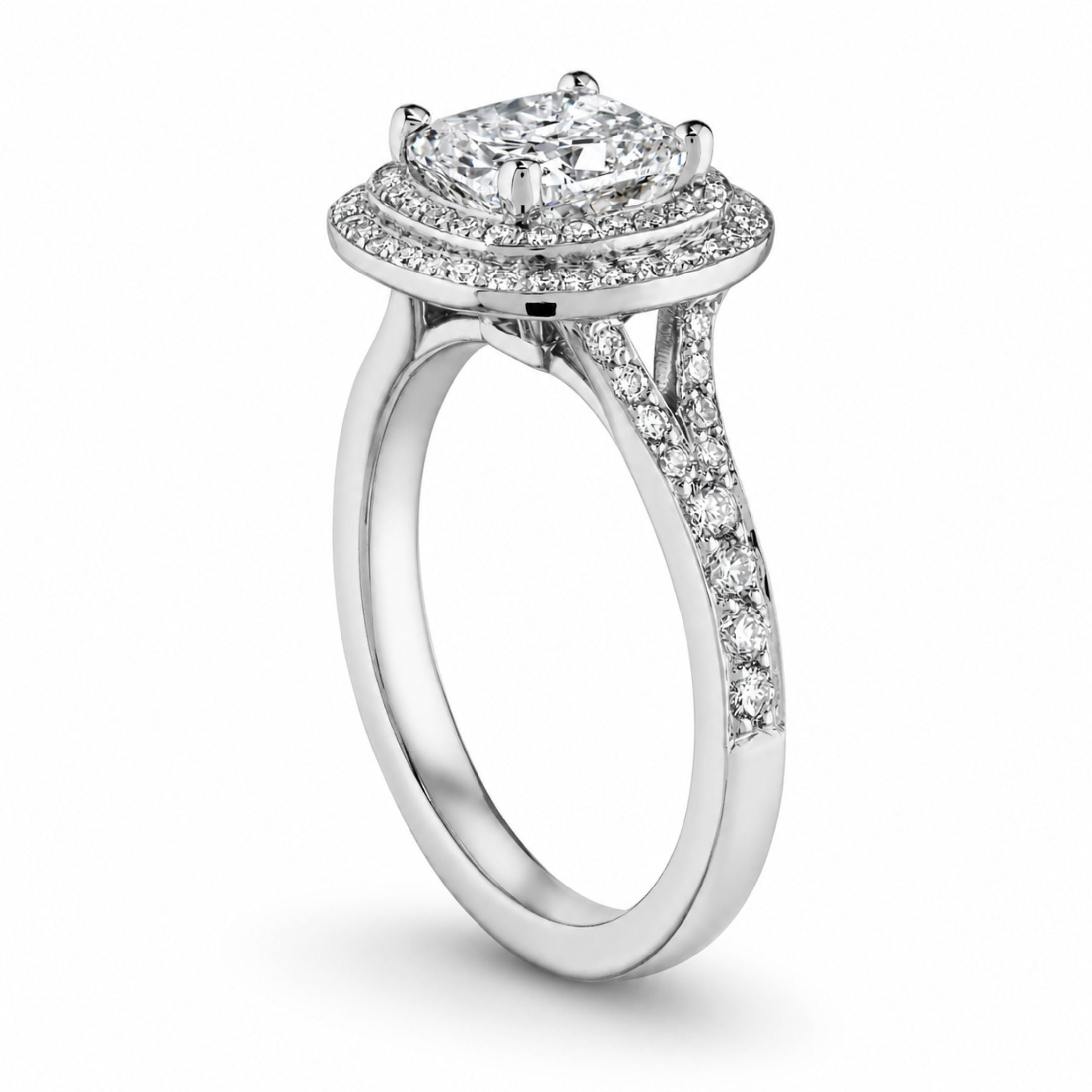 Cosette 1.91 Carat Cushion Cut Diamond Double Halo Ring in 14K White Gold
