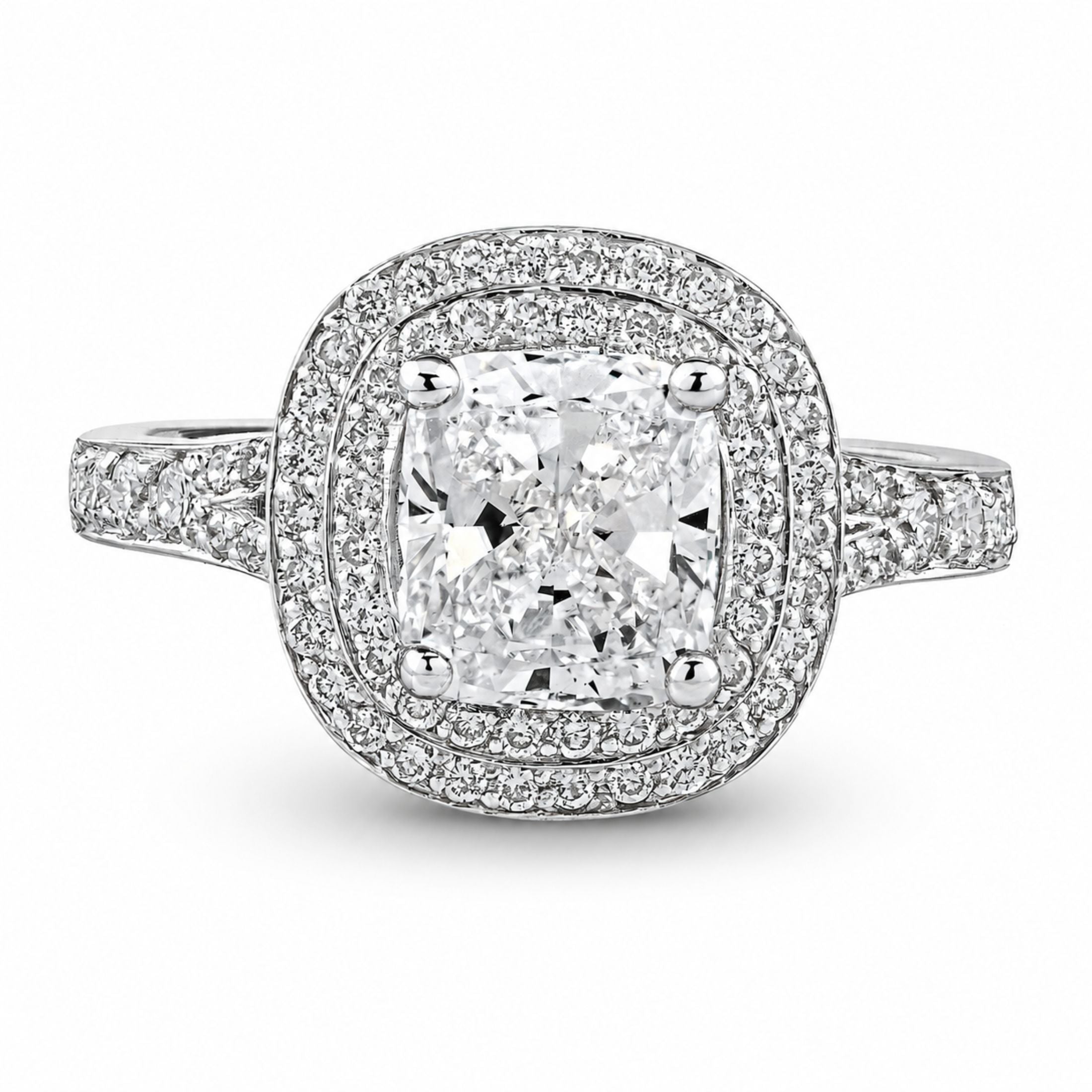 Cosette 1.91 Carat Cushion Cut Diamond Double Halo Ring in 14K White Gold