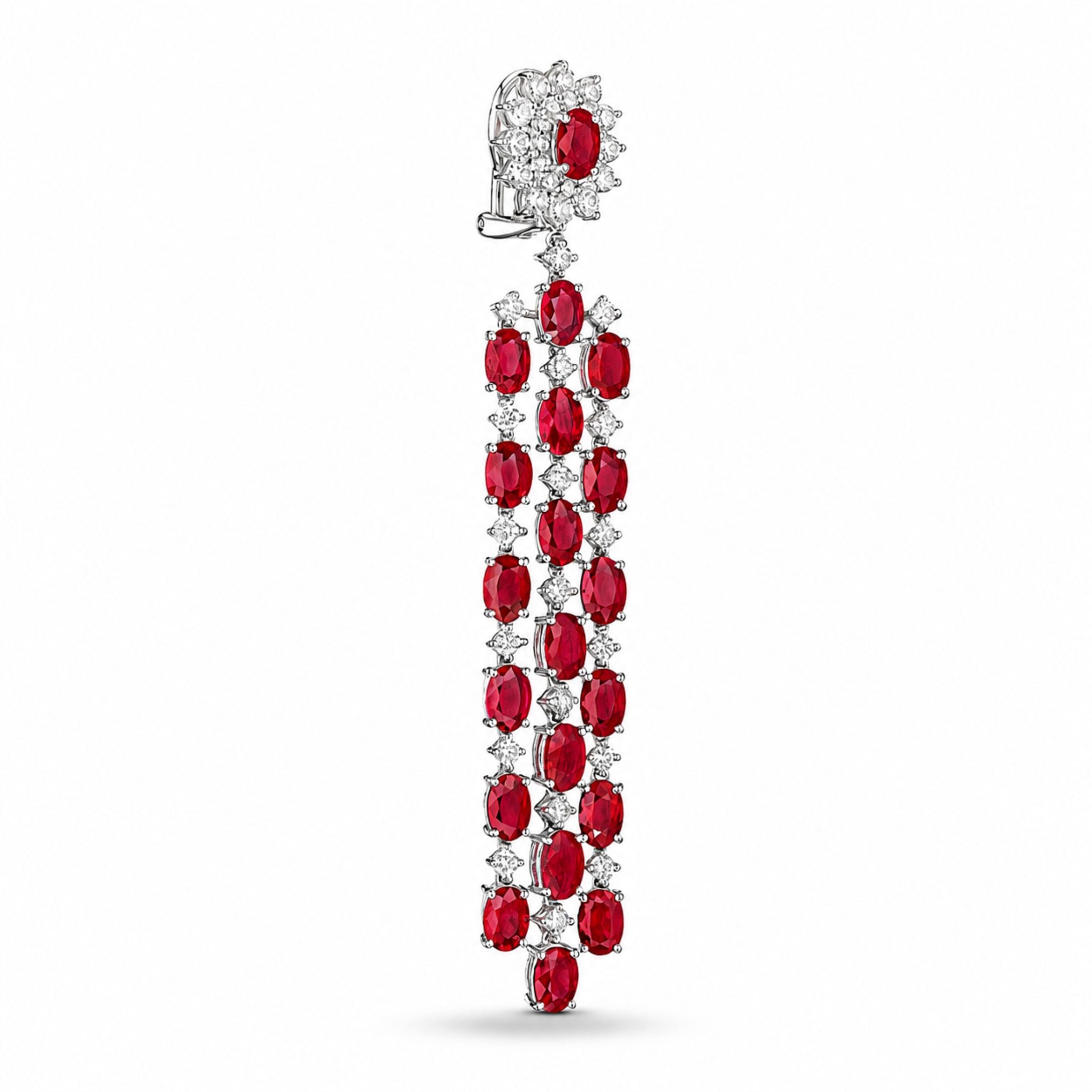 Side view of Leviev ruby and diamond cascade drop earring in white gold