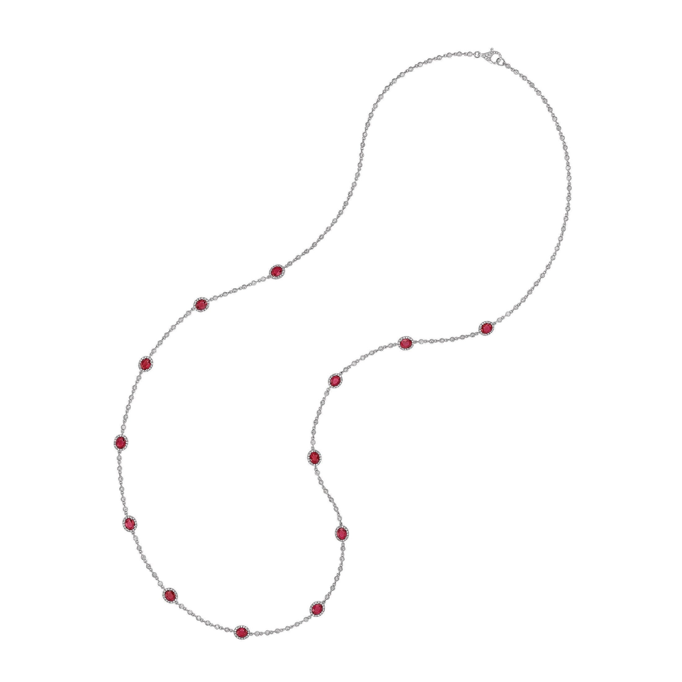 Full length Leviev 18K white gold long necklace featuring ten Burma red diamonds and diamond pave cable chain with lobster clasp