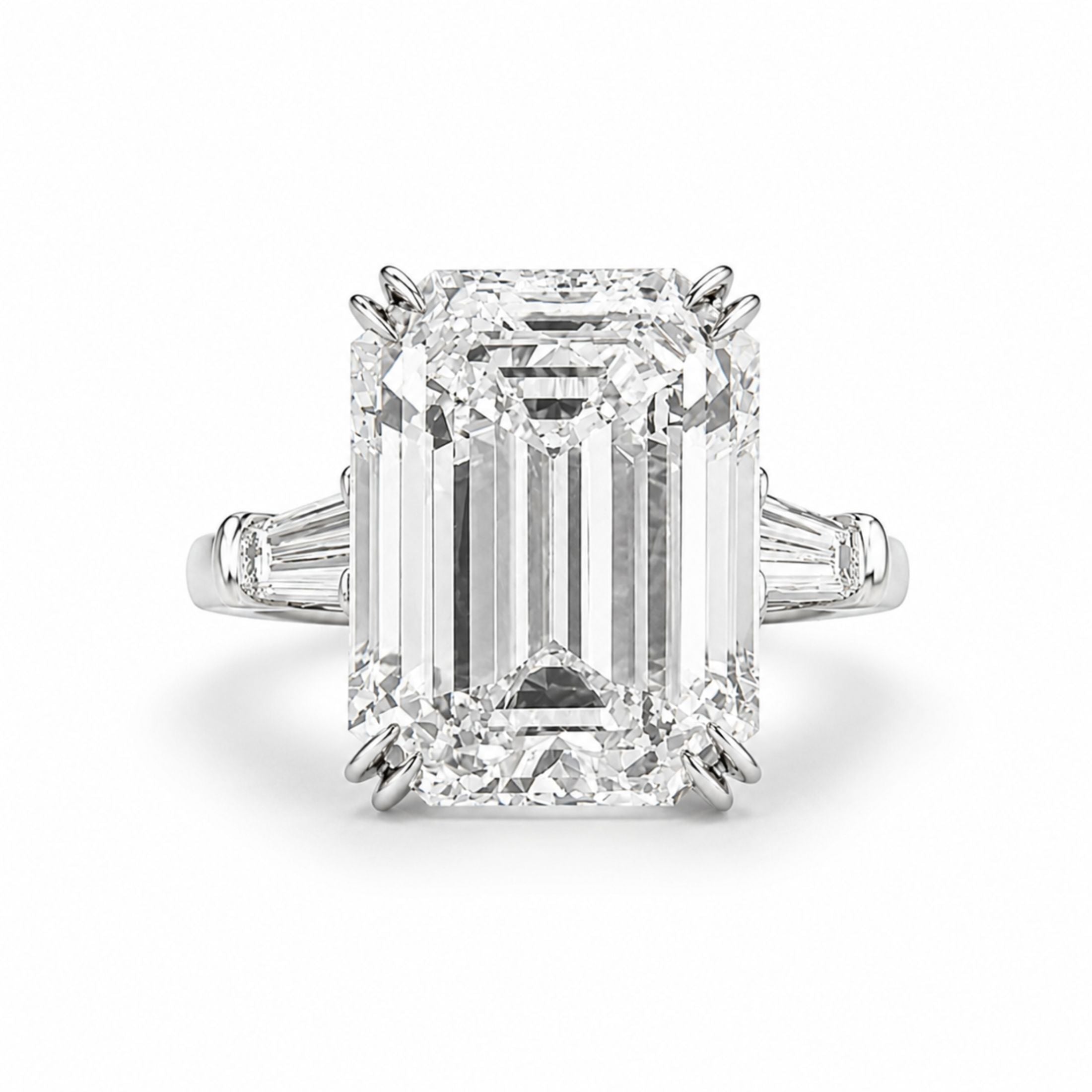 Leviev Crowned Innocence emerald cut diamond solitaire ring in platinum with baguette side stones