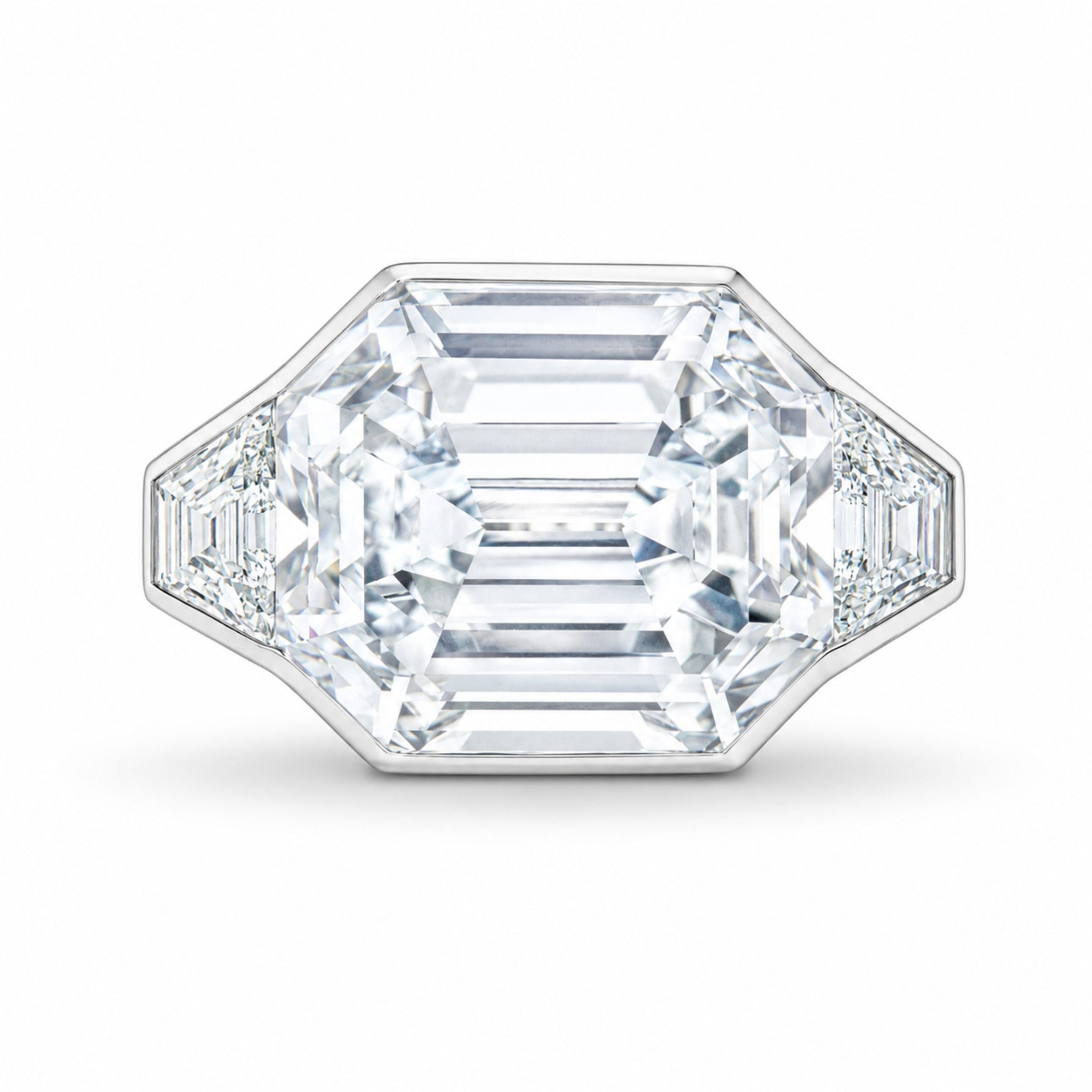 Leviev platinum emerald cut diamond engagement ring with trapezoid side stones