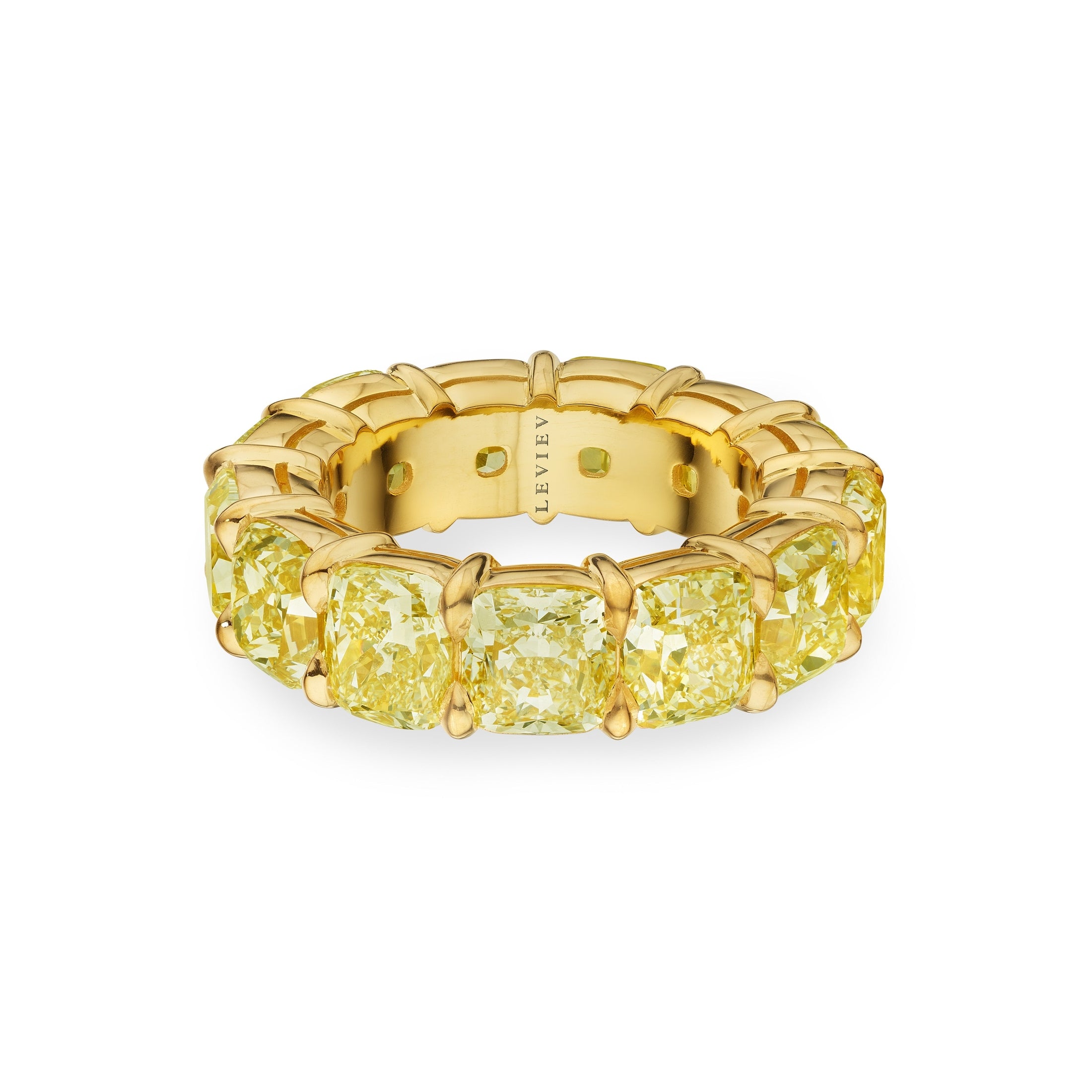 Leviev 18K yellow gold eternity band with 13 cushion cut fancy light yellow diamonds and rope texture