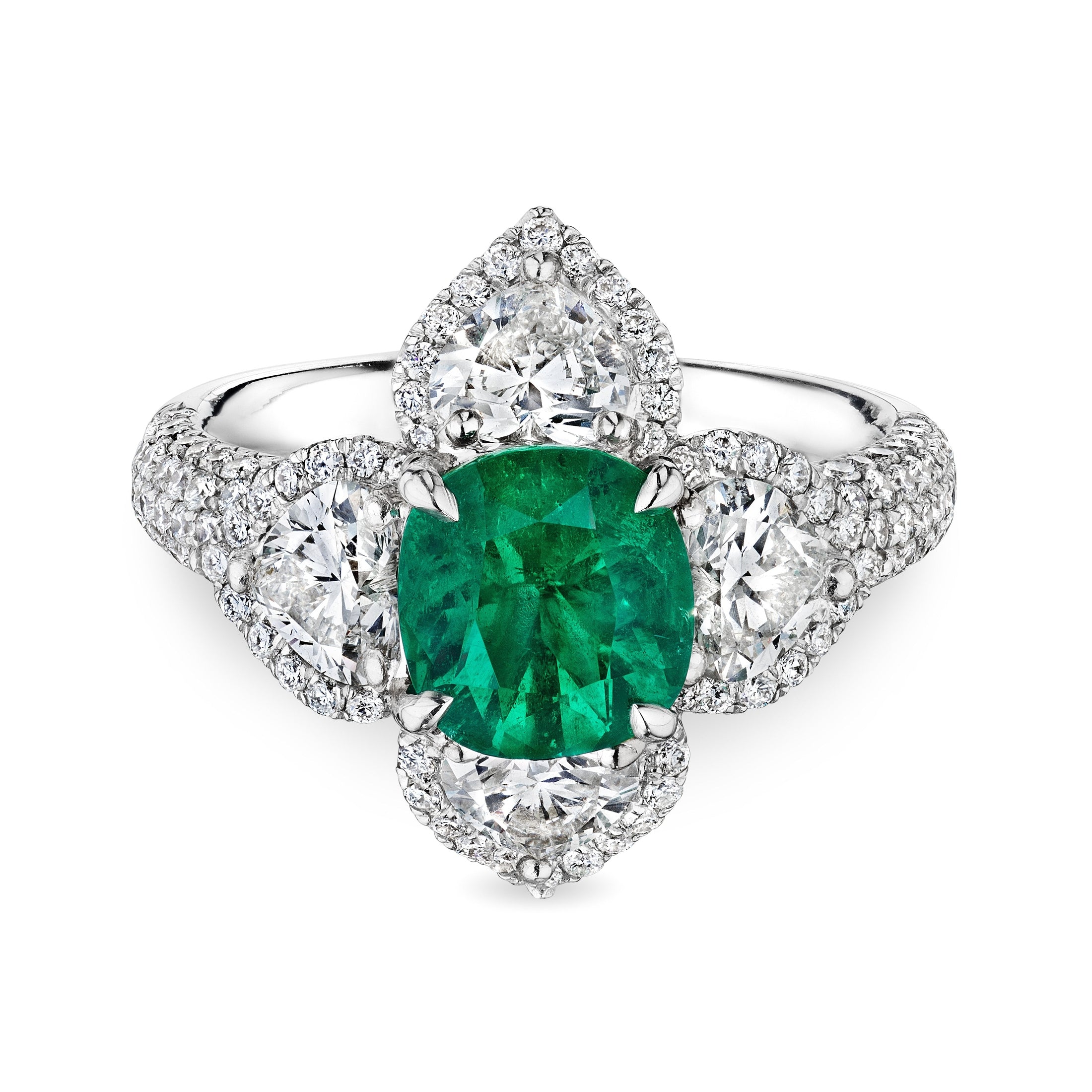 Leviev cushion cut Colombian emerald ring with white diamond floral halo and pave band