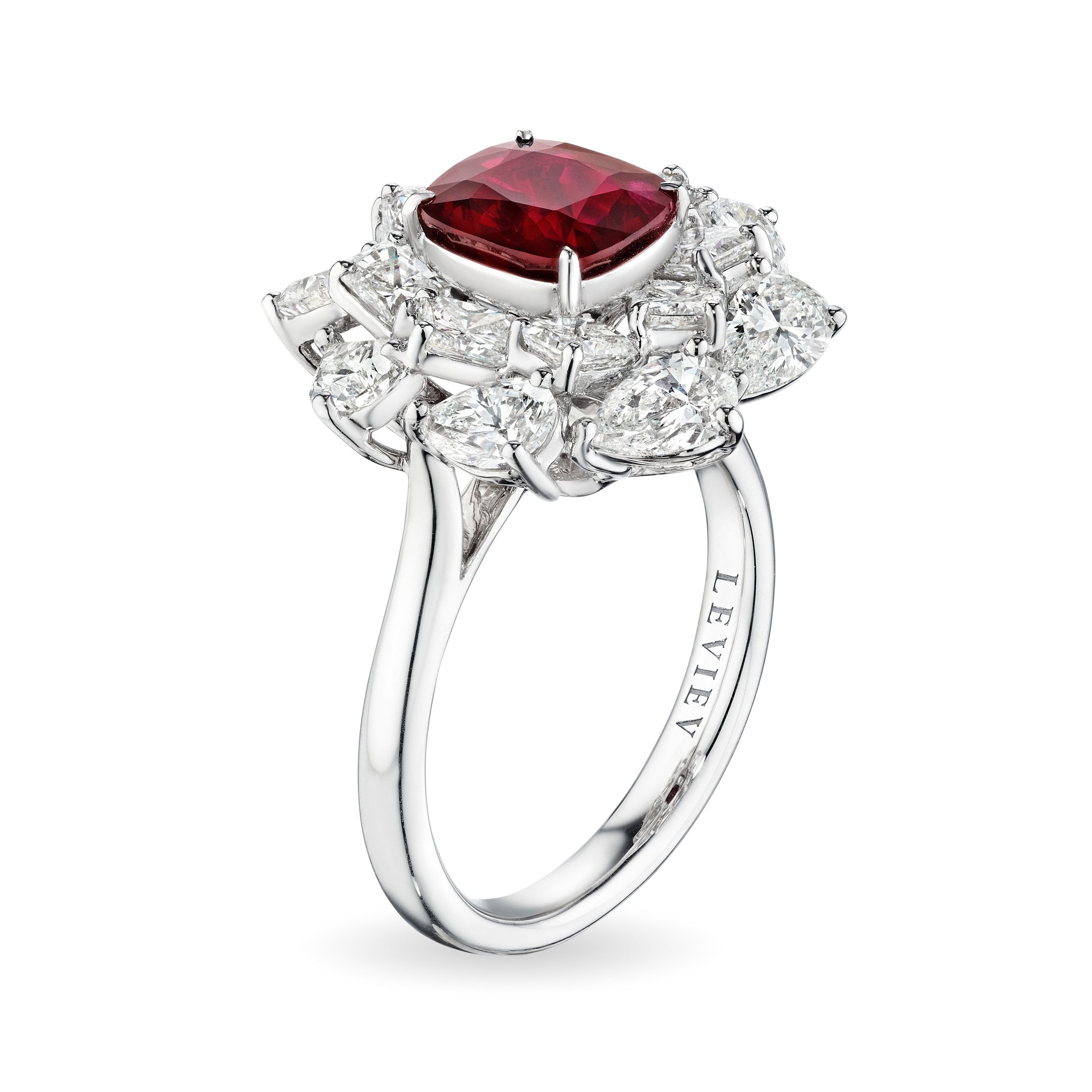 Leviev 18KT white gold cushion cut ruby cocktail ring with diamond floral halo and engraved band