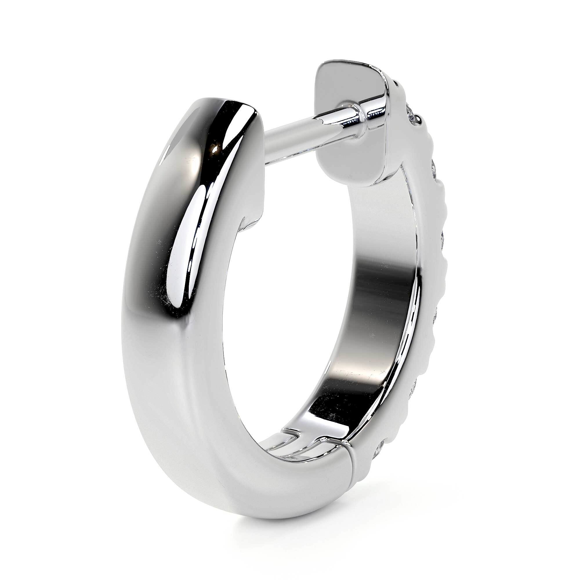 Three-quarter view of thick-walled 10MM diamond hoop earring with post-and-bar closure in high-shine 18K white gold