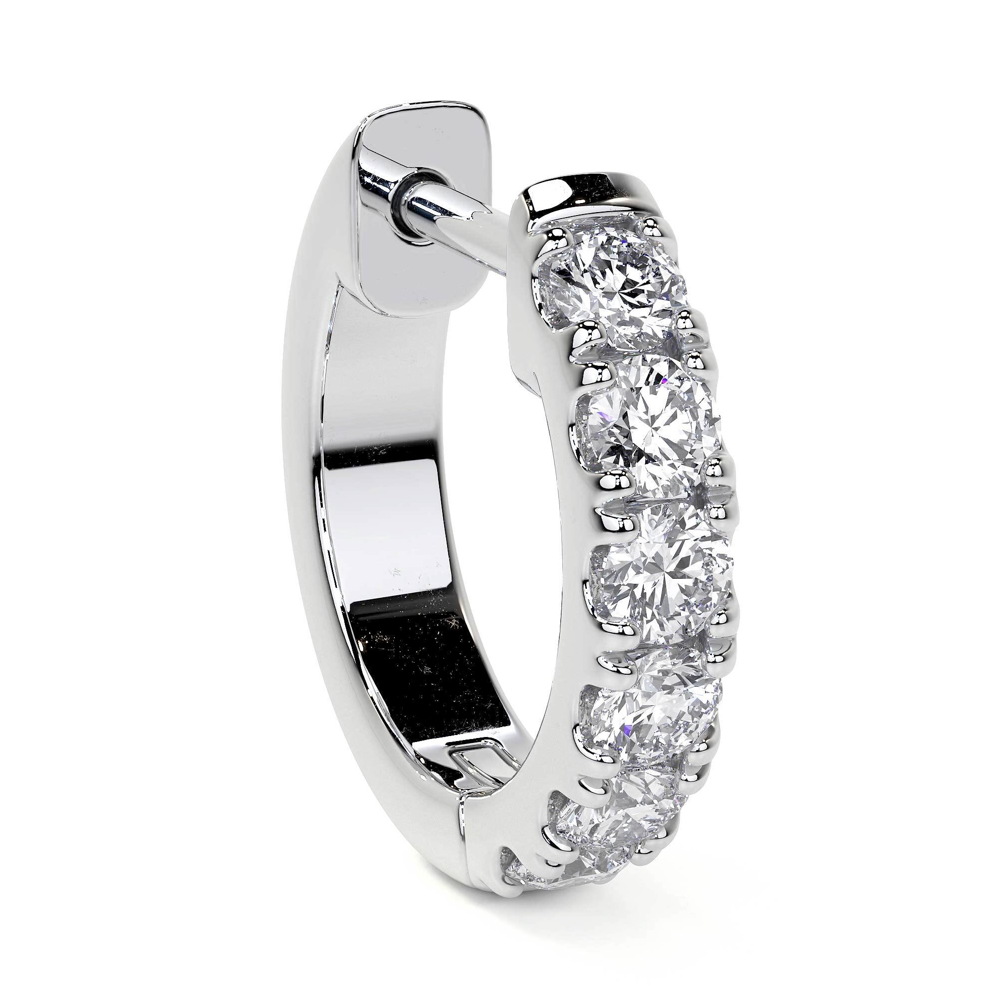10MM diamond hoop earring side view with hinged closure and five round brilliant diamonds in 18K white gold