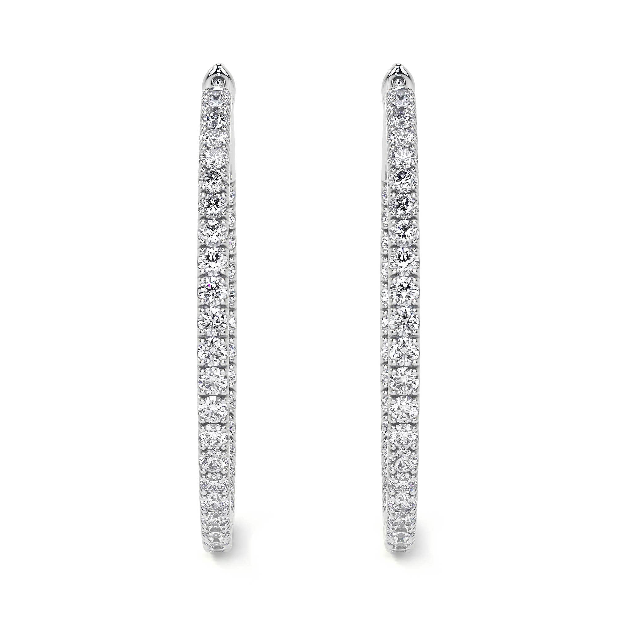Front pair of 32mm continuous diamond hoop earrings in 18K white gold with full stone coverage
